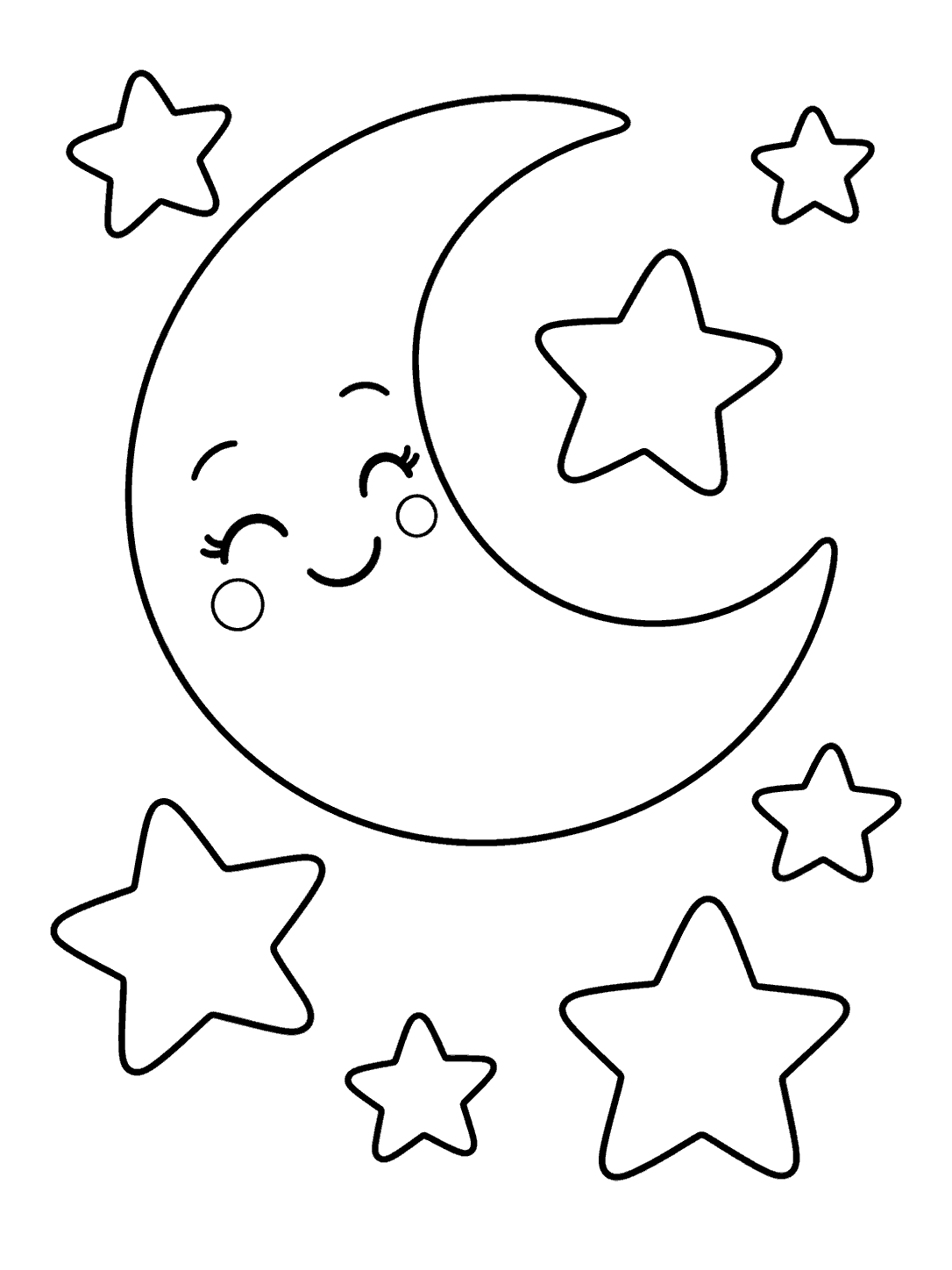 Smiling crescent moon surrounded by seven outlined stars on a white coloring page.
