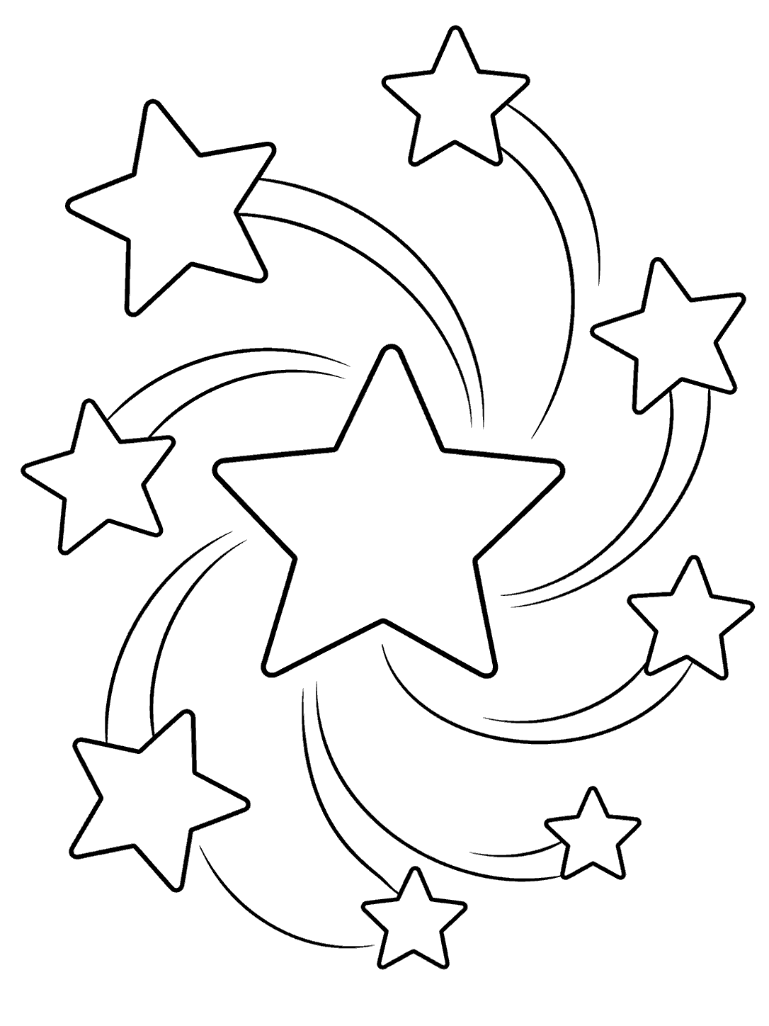 Nine outlined five-point stars arranged in a gentle spiral on a portrait coloring page