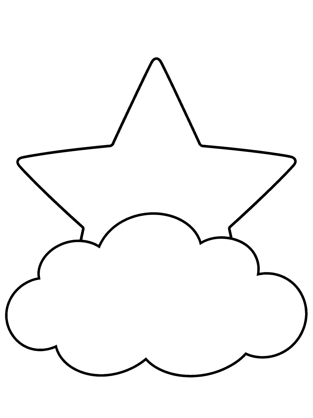 Five-point star peeking from behind a broad puffy cloud on a coloring page