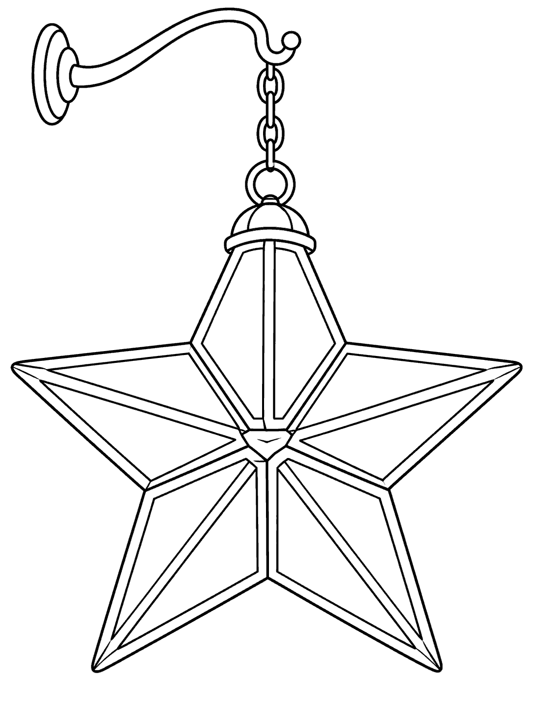 Black-and-white star-shaped lantern coloring page hanging from a short chain and curved hook.