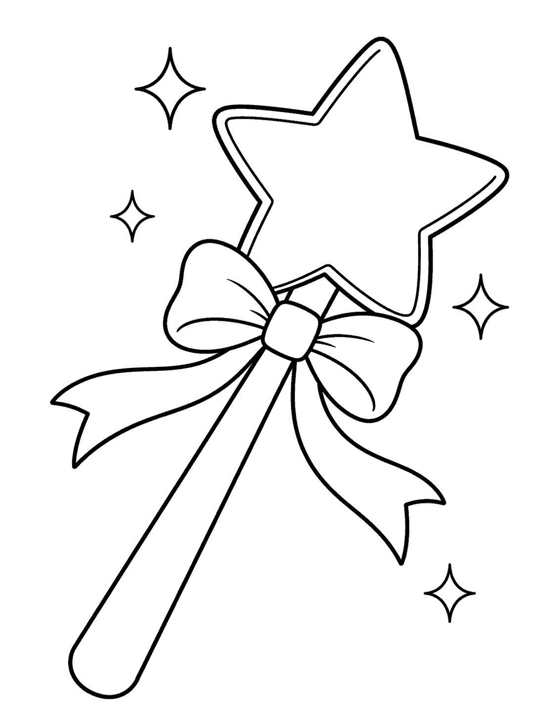 Star wand with a ribbon and four sparkles coloring page