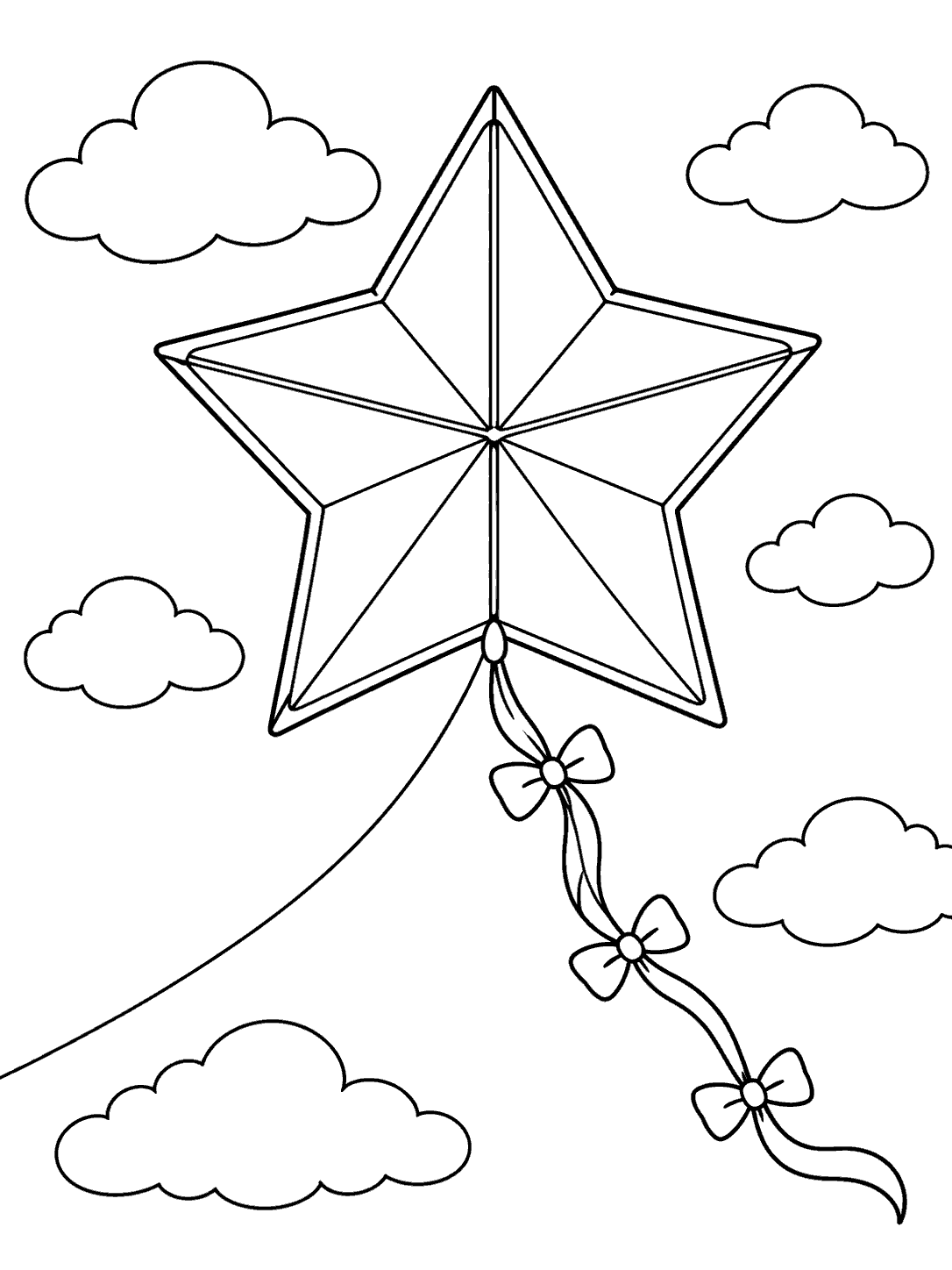 Large outlined star-shaped kite with a curling, three-bow tail and clouds on a coloring page