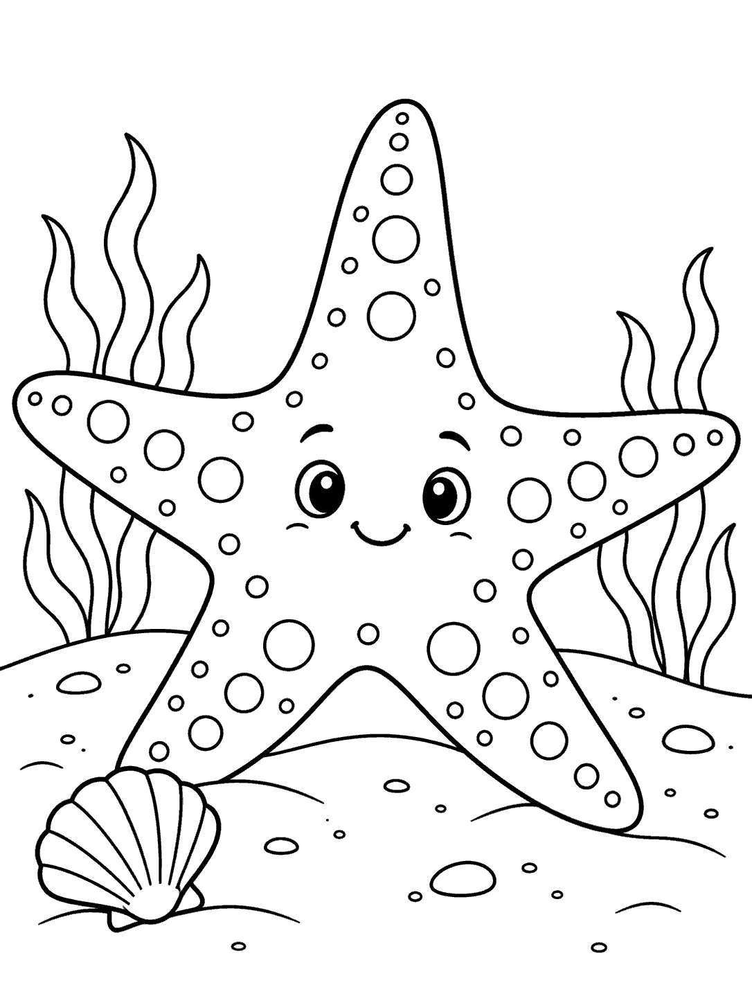 Smiling, five-armed starfish with circular markings and a shell on the seabed, coloring page
