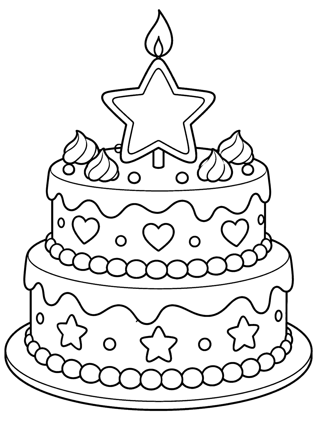 Two-layer birthday cake with icing, star decorations, and a large star candle coloring page