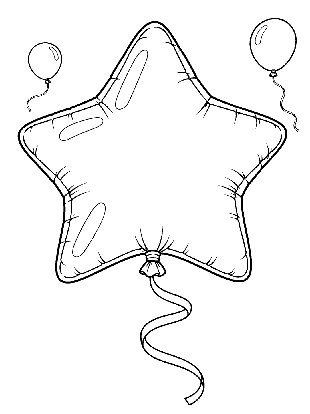 Black-and-white star balloon coloring page with a tied knot, long curling ribbon, and two smaller round balloons in the background.