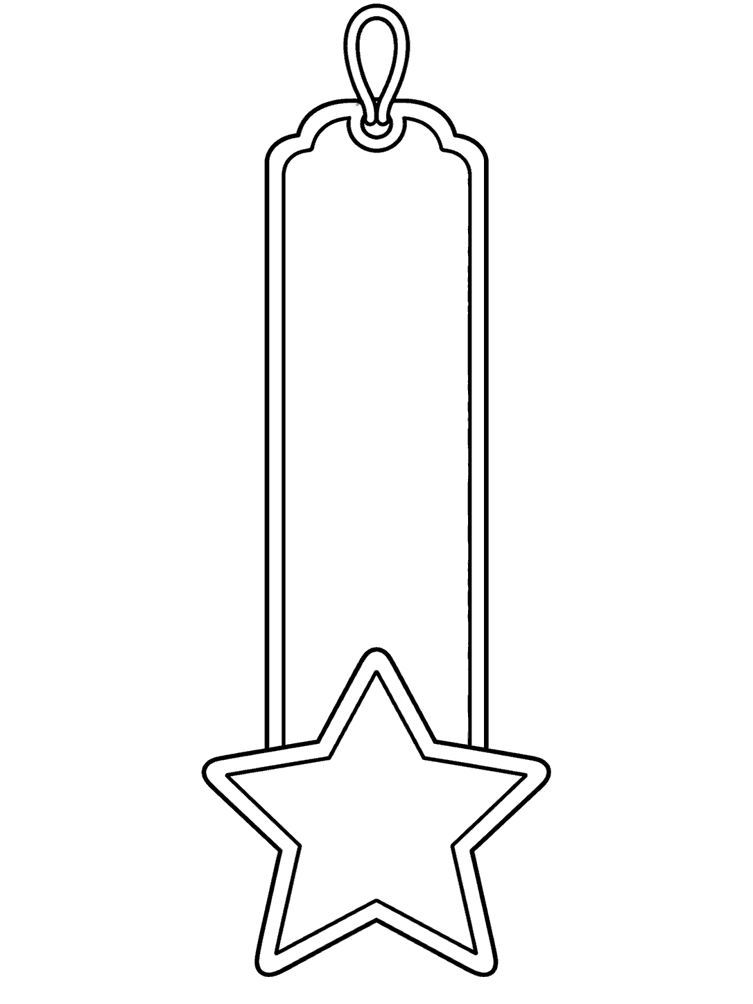 Black-and-white coloring page showing a long ribbon bookmark with an open center and a large five-point star at its base.