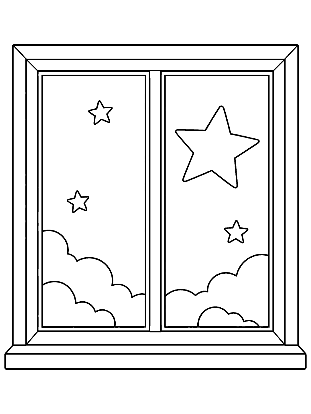 Two-pane window framing a large star and three smaller stars above clouds, coloring page