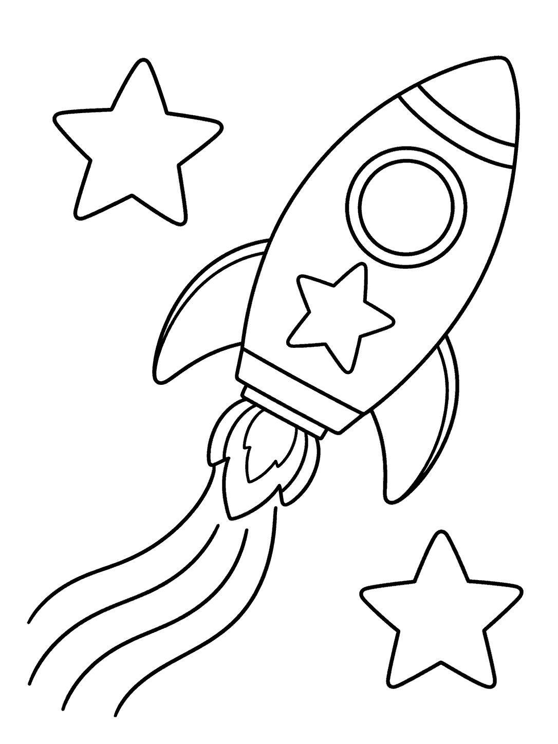 Rocket flying among stars coloring page