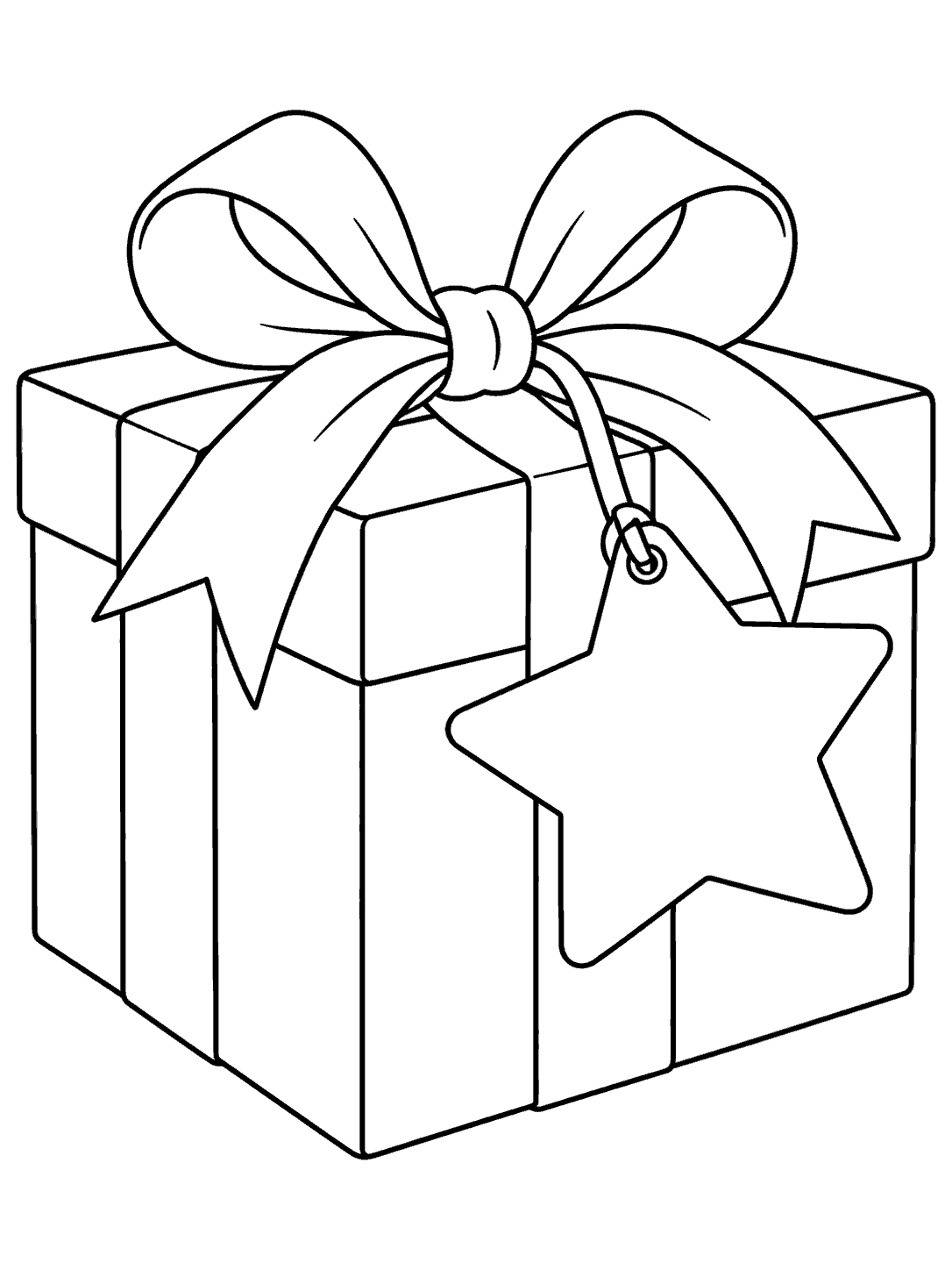 Black-outline coloring page showing a square gift box with a crossed ribbon, large bow, and star tag.