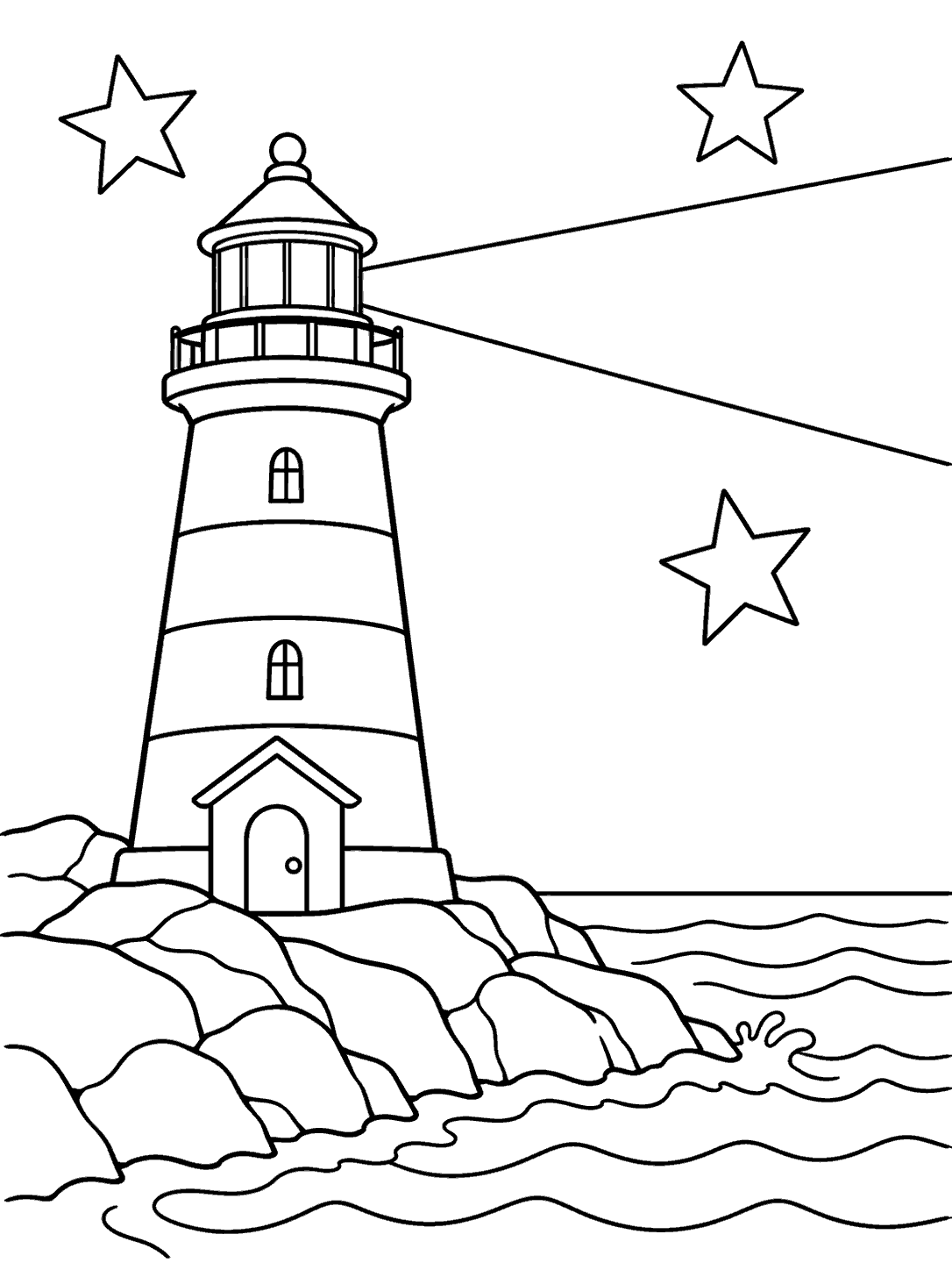 Black outline coloring page of a lighthouse on a rocky shore, with three stars, a broad beam, and simple waves.