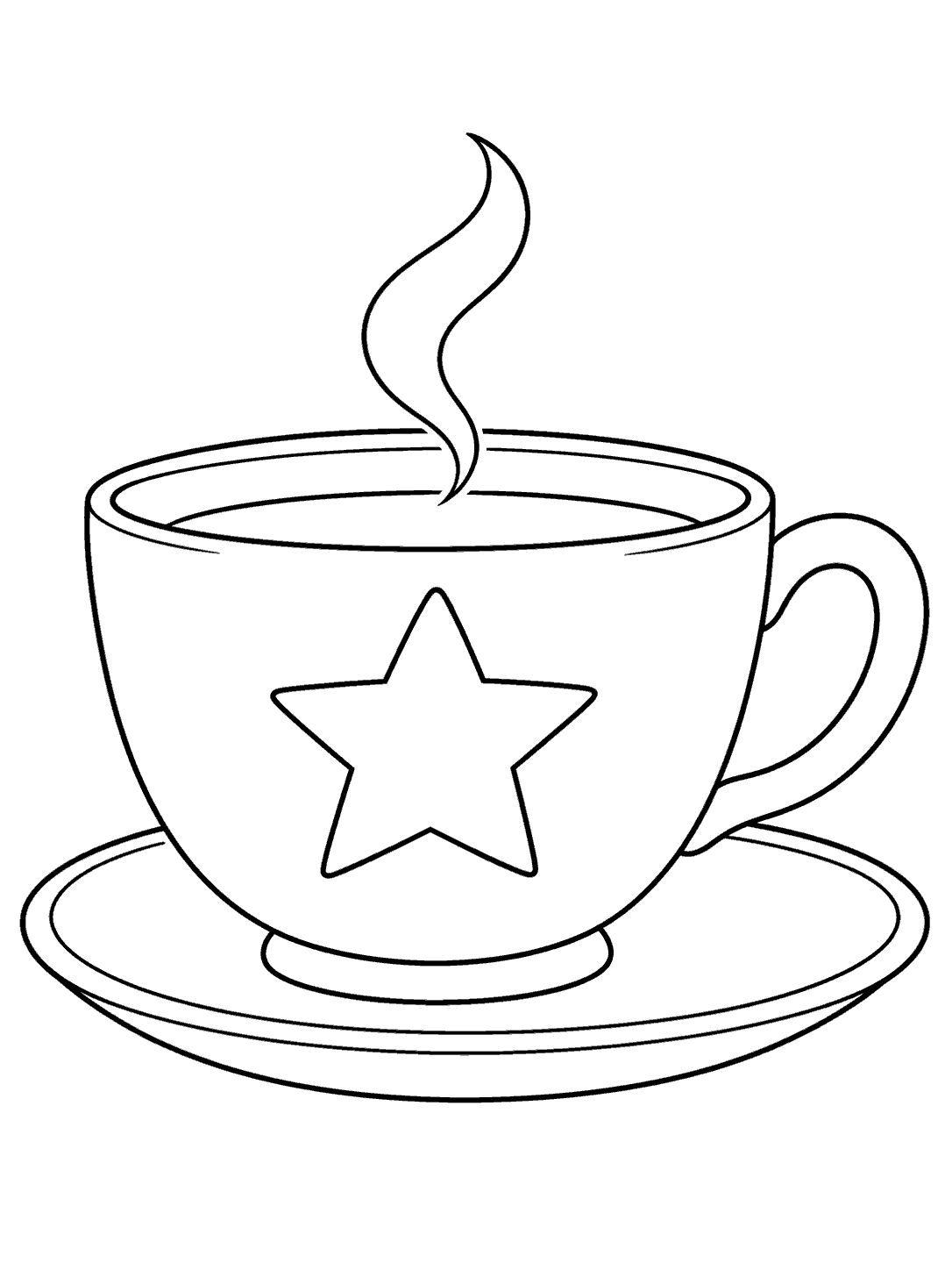 Printable coloring page showing a broad teacup with a large five-point star, curved steam, and saucer.