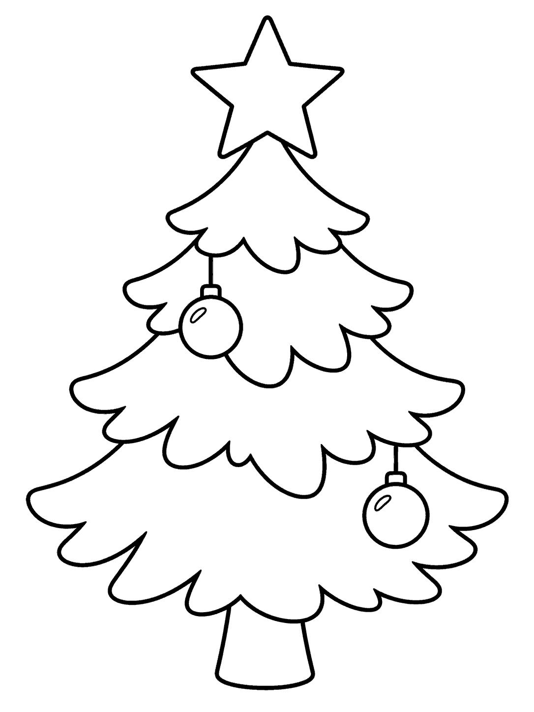 Black outline coloring page of an evergreen tree topped with a large five-point star and two ornaments.