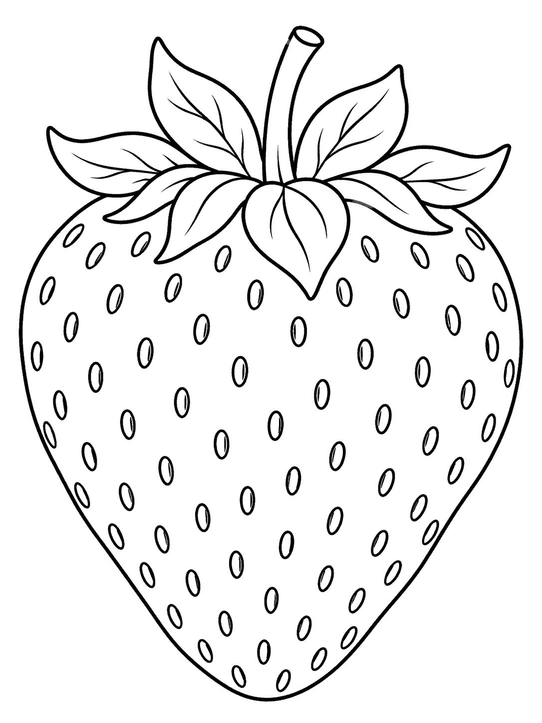 Single strawberry coloring page with broad white coloring spaces, seed marks, and a leafy cap.