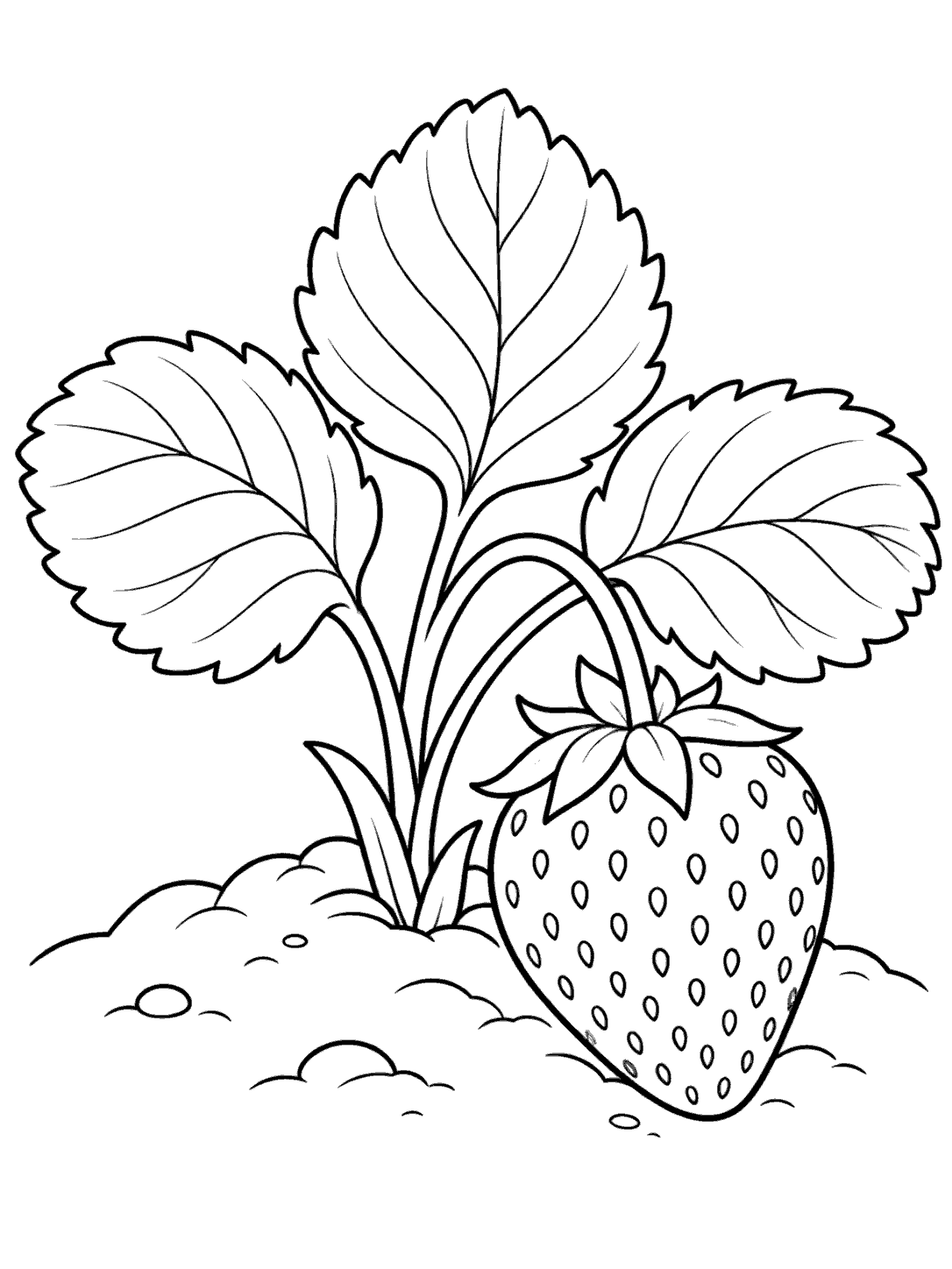 Black-and-white coloring page of a strawberry plant with three broad leaves and one large ripe strawberry above a patch of soil.