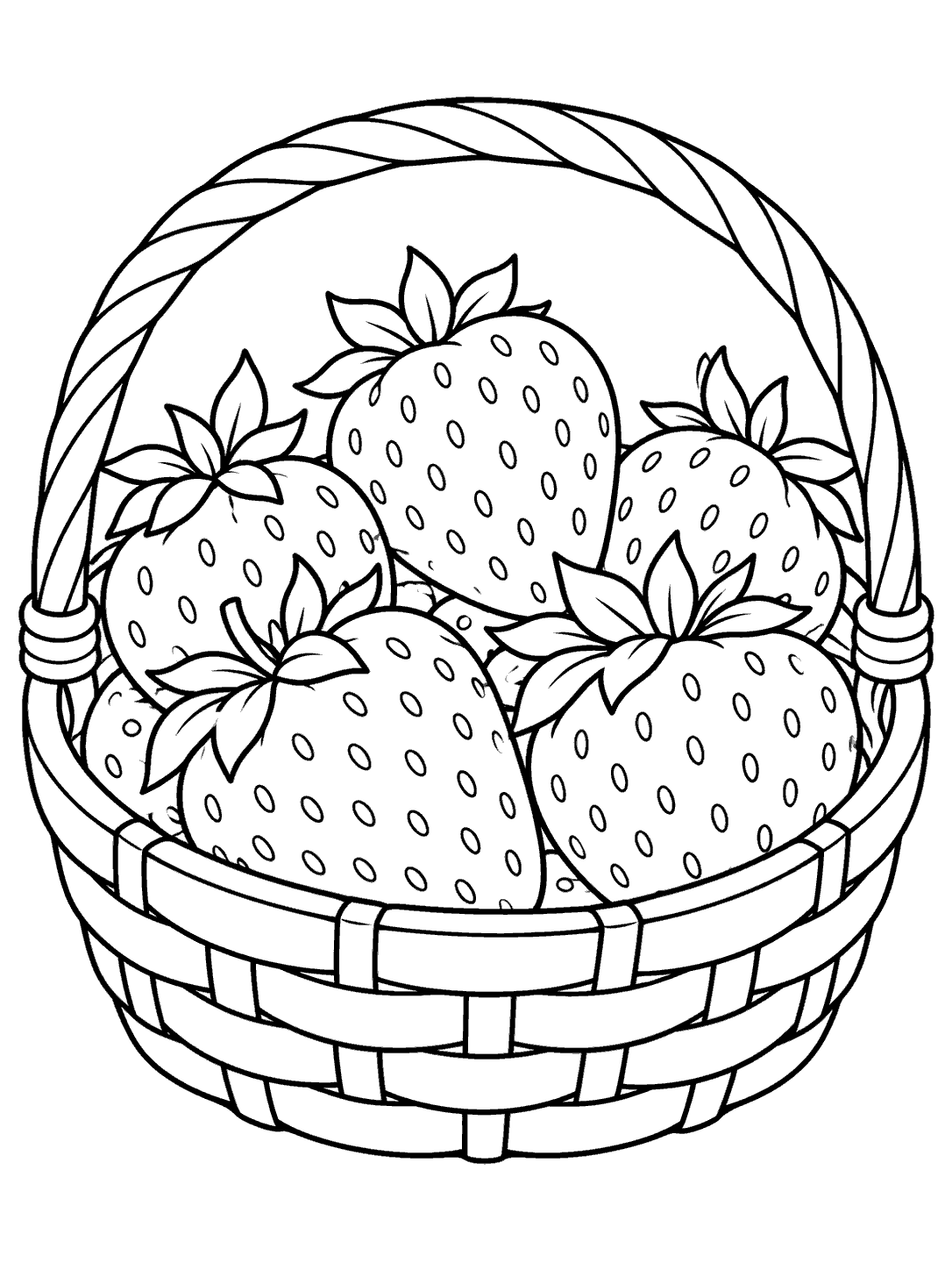 Black-and-white coloring page of several strawberries in a handled basket