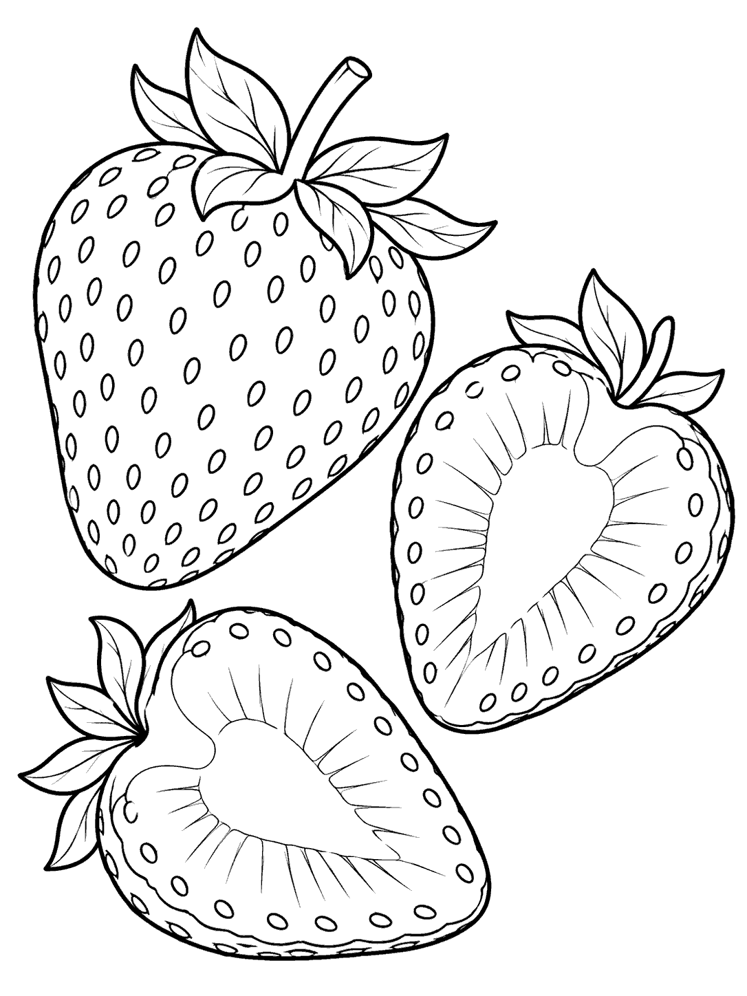 One whole strawberry beside two seeded cross-section slices in a black-and-white coloring page.