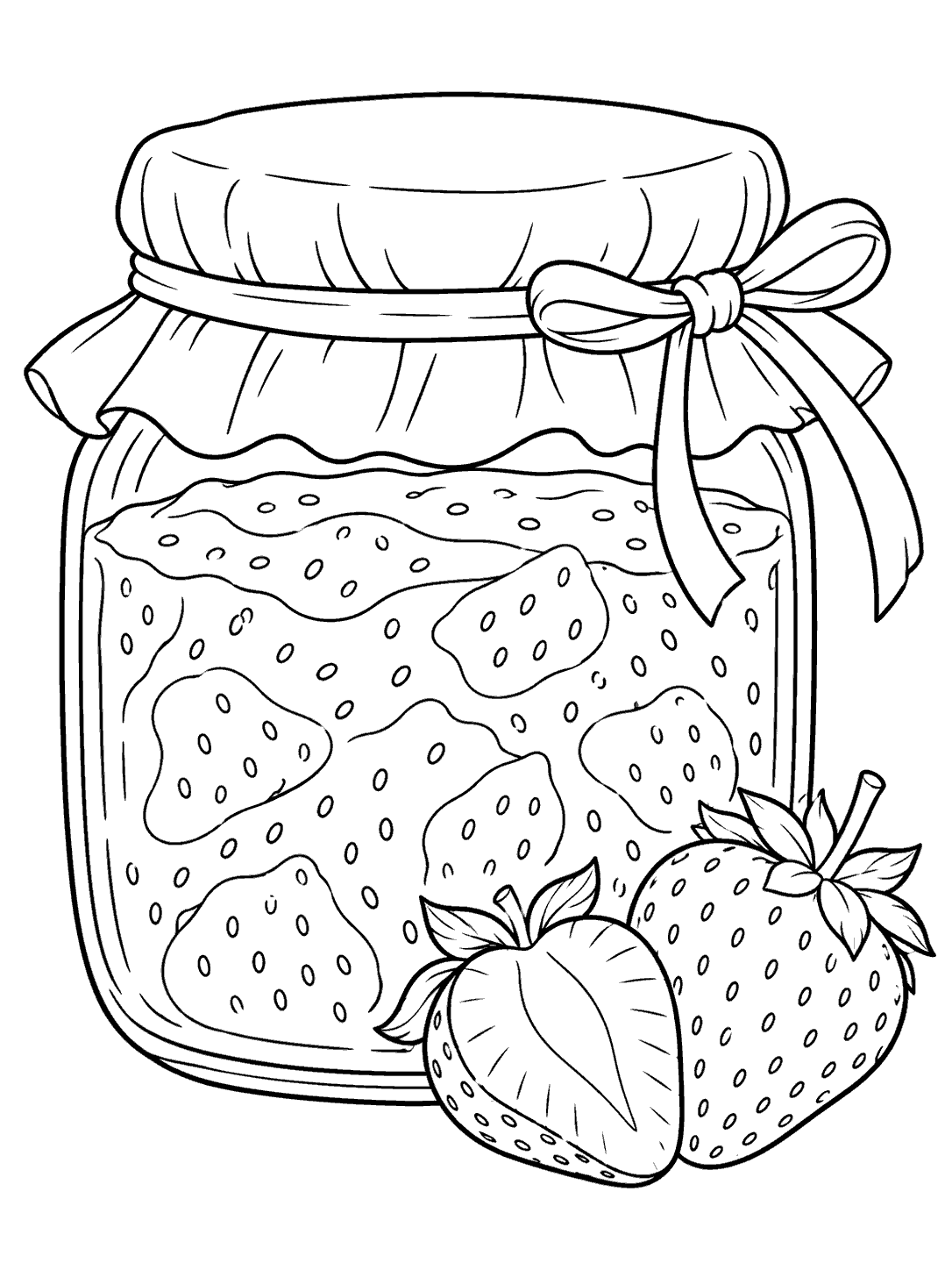 Black-and-white strawberry jam jar coloring page with a ribbon-tied cloth cover, whole strawberry, and cut berry.