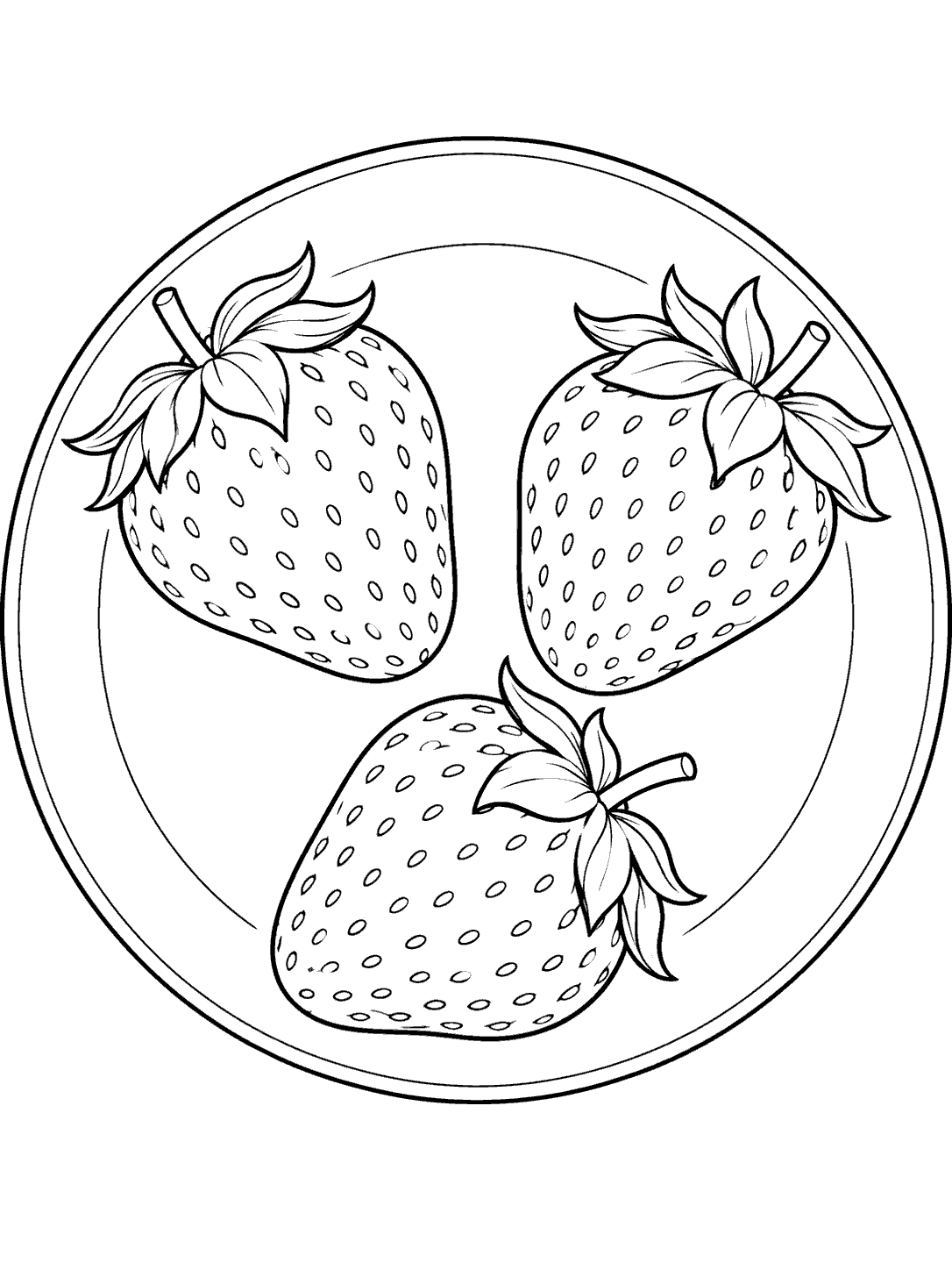 Black line art of three strawberries arranged on a round plate for coloring.