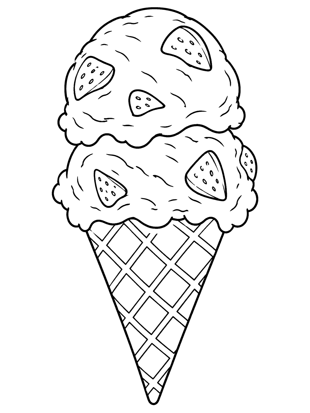 Strawberry ice cream coloring page with two scoops, strawberry pieces, and a crisscross waffle cone.
