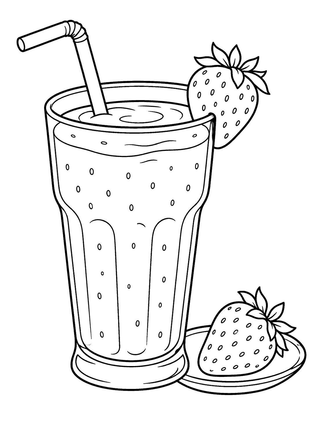 Black-and-white strawberry smoothie coloring page with a tall glass, bent straw, clipped strawberry, and a plate with an extra berry.