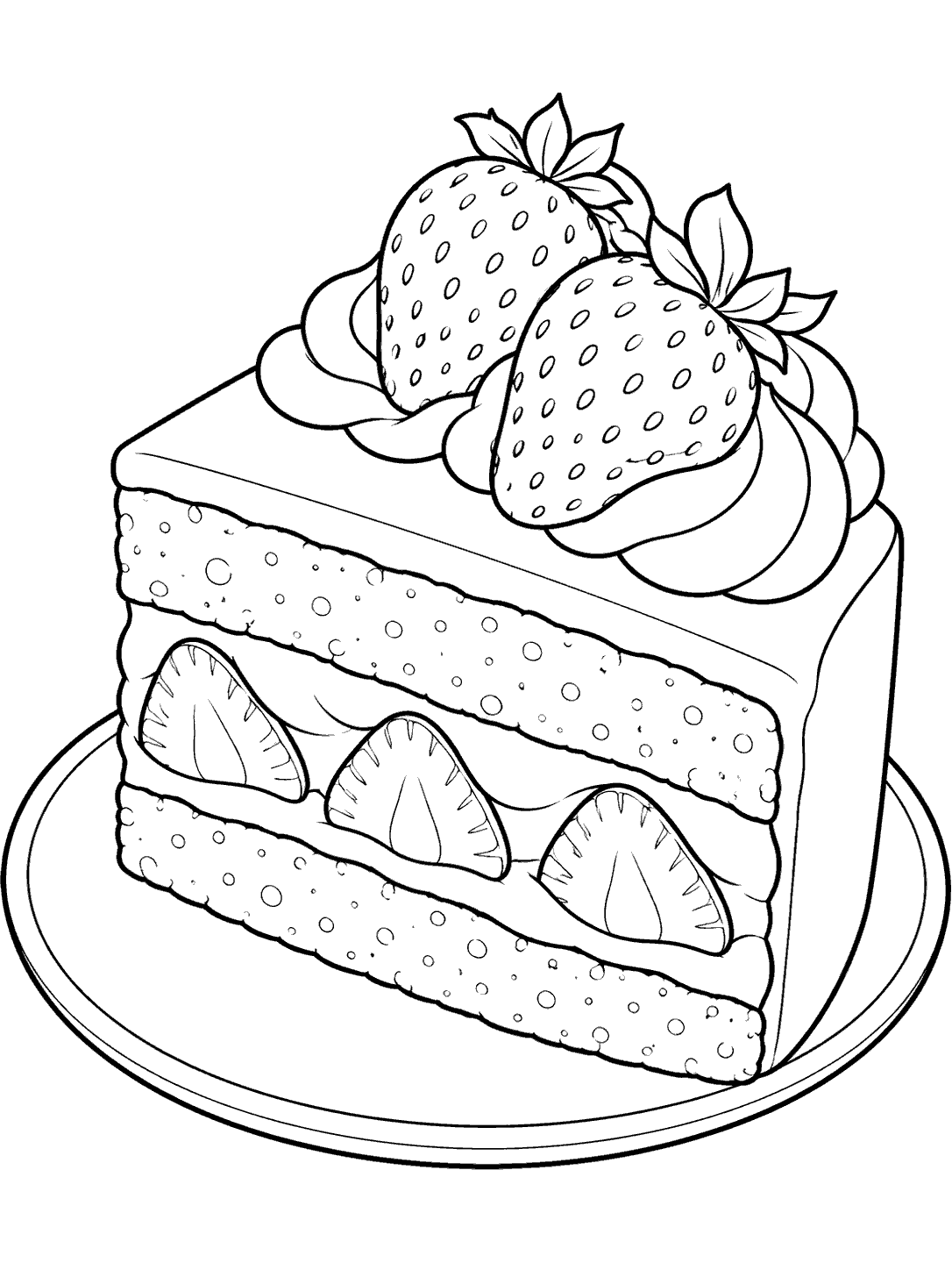 Black-and-white coloring page of a layered strawberry shortcake slice topped with two strawberries on a plate