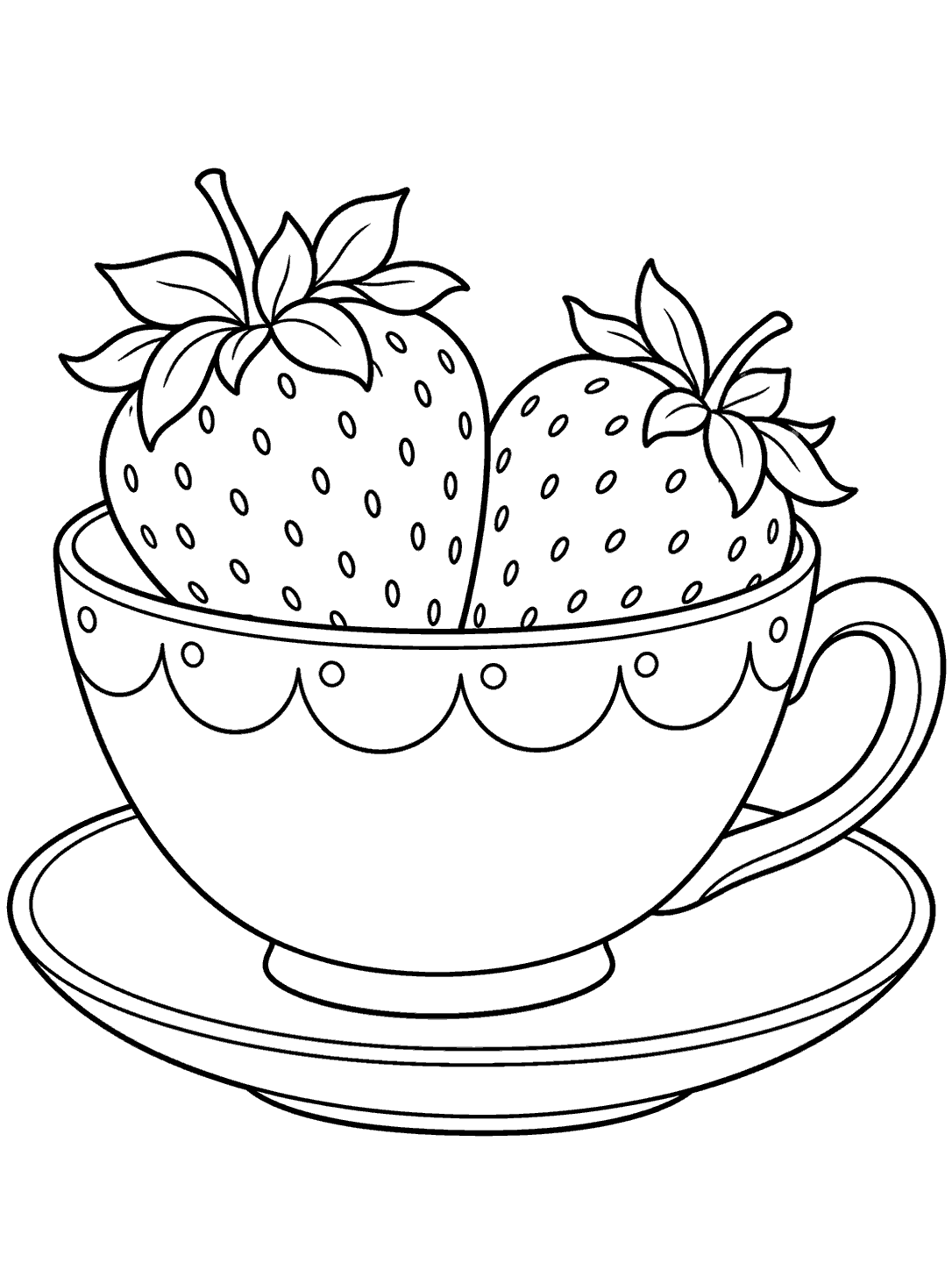 Black-and-white coloring page of two strawberries in a patterned teacup and saucer
