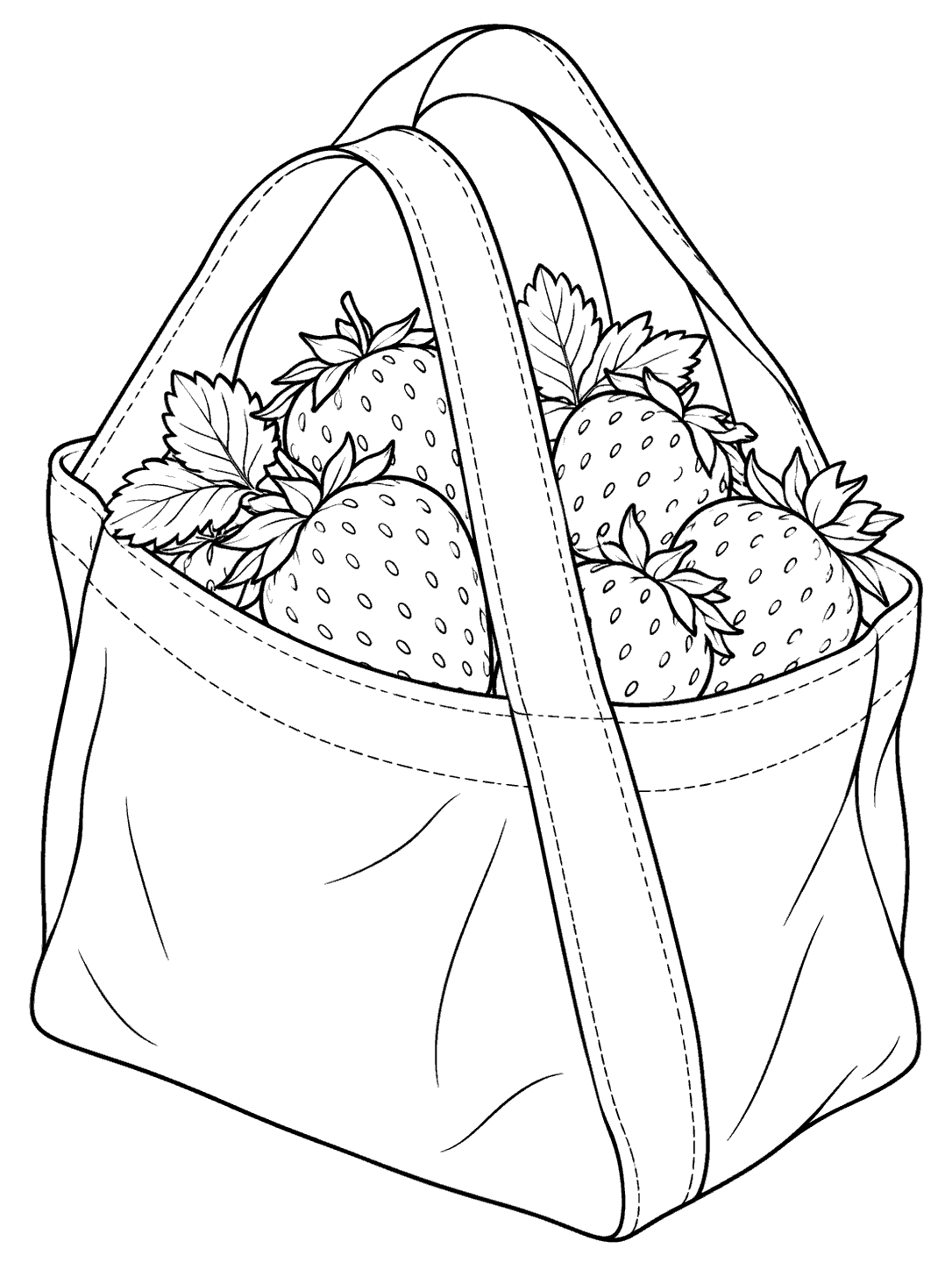 Black-and-white coloring page of a soft-sided handled tote filled with strawberries.