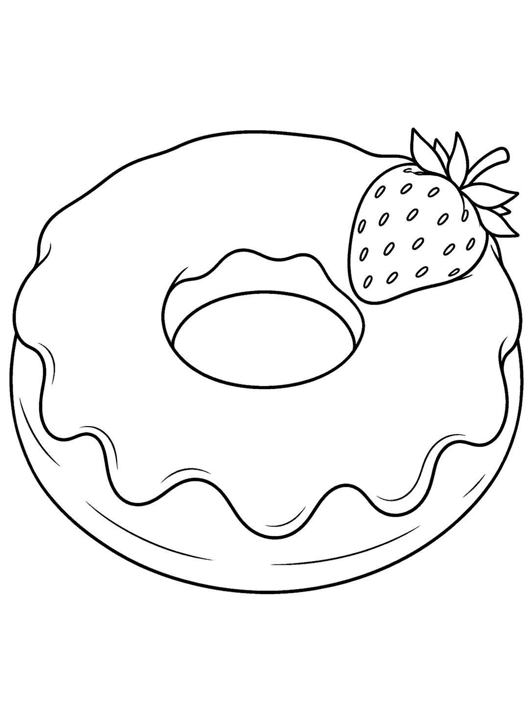 Black line art of a ring donut with wavy icing, a clear center hole, and a strawberry garnish.