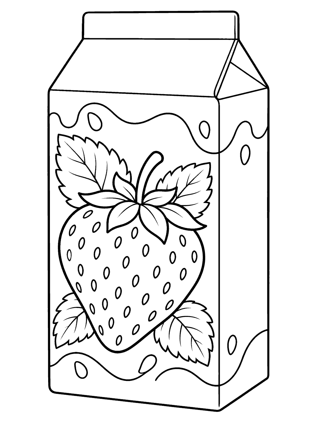 Black and white coloring page of a folded-top milk carton with a large strawberry illustration on its front.
