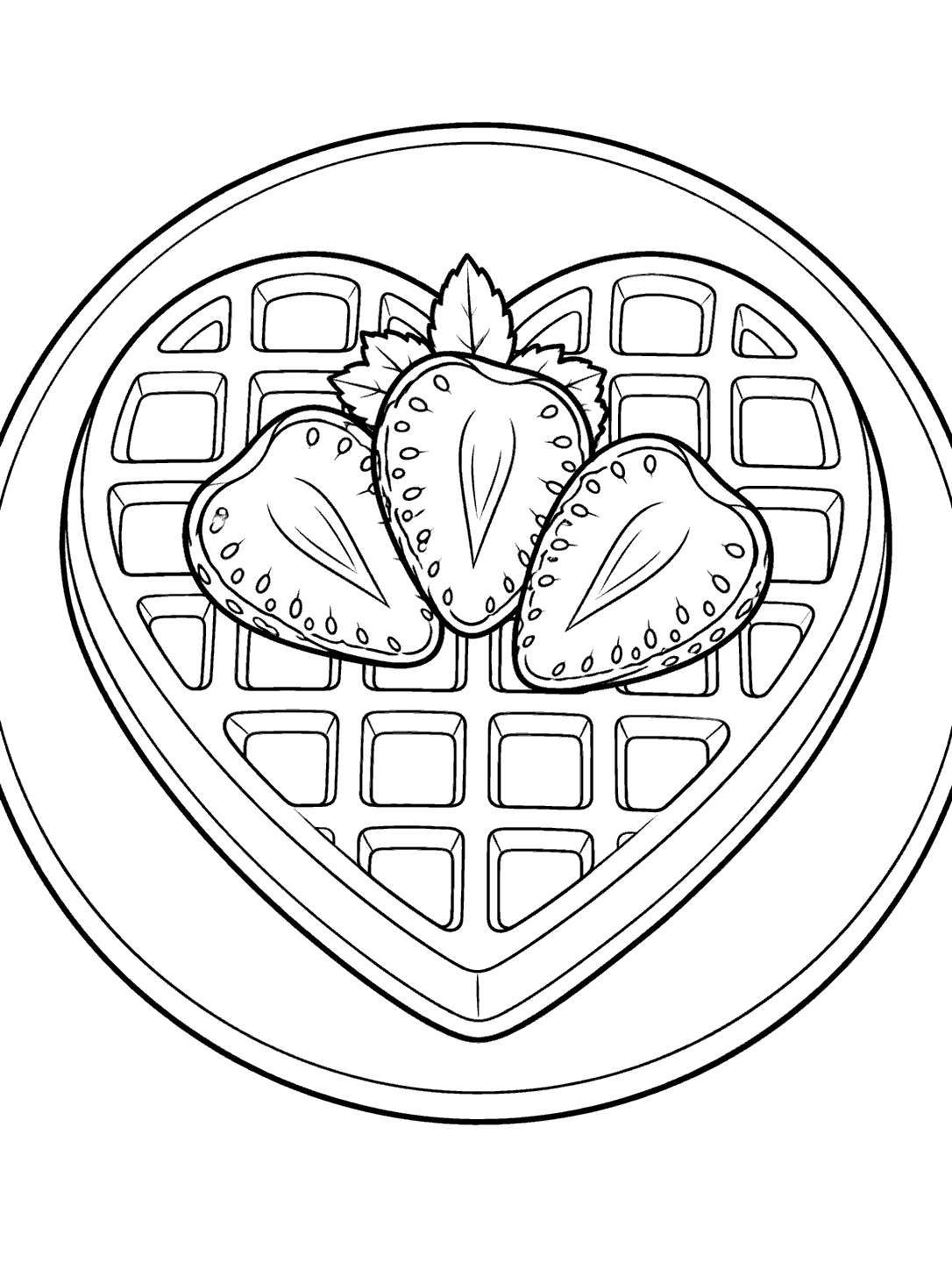 Printable coloring page with a heart-shaped waffle topped with three fan-arranged strawberry slices on a plate.