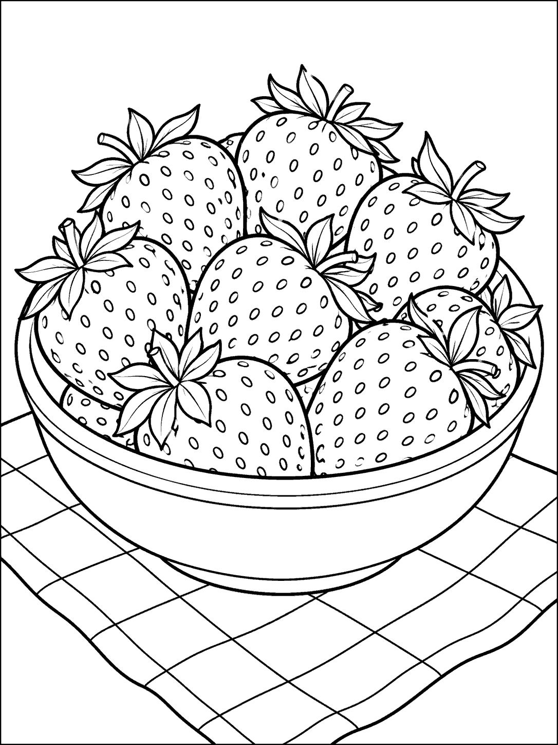 A printable coloring page showing a bowl of whole strawberries on checkered cloth.