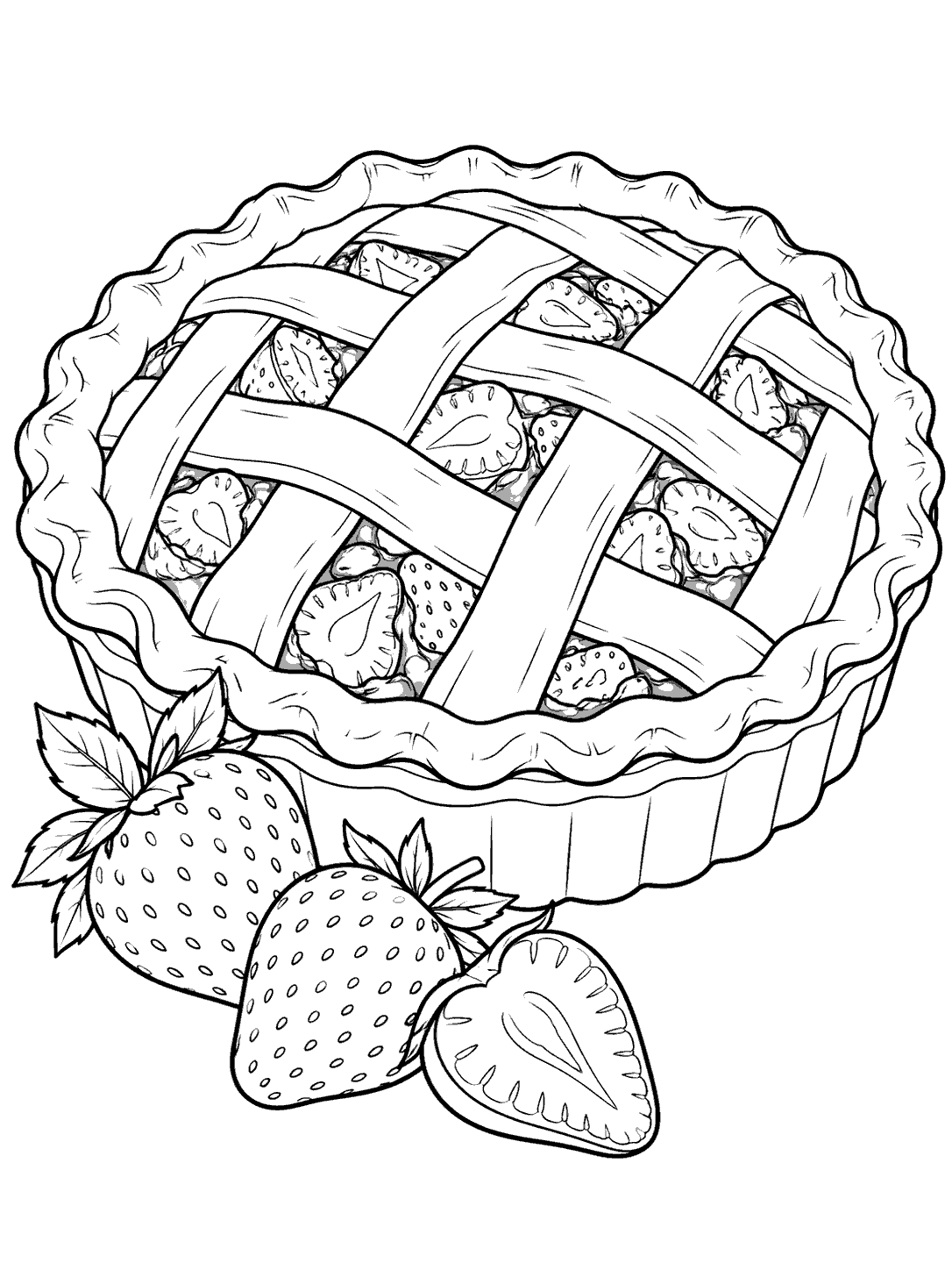 Black-and-white coloring page showing a strawberry pie with a woven lattice crust in a fluted dish and three strawberries beside it.