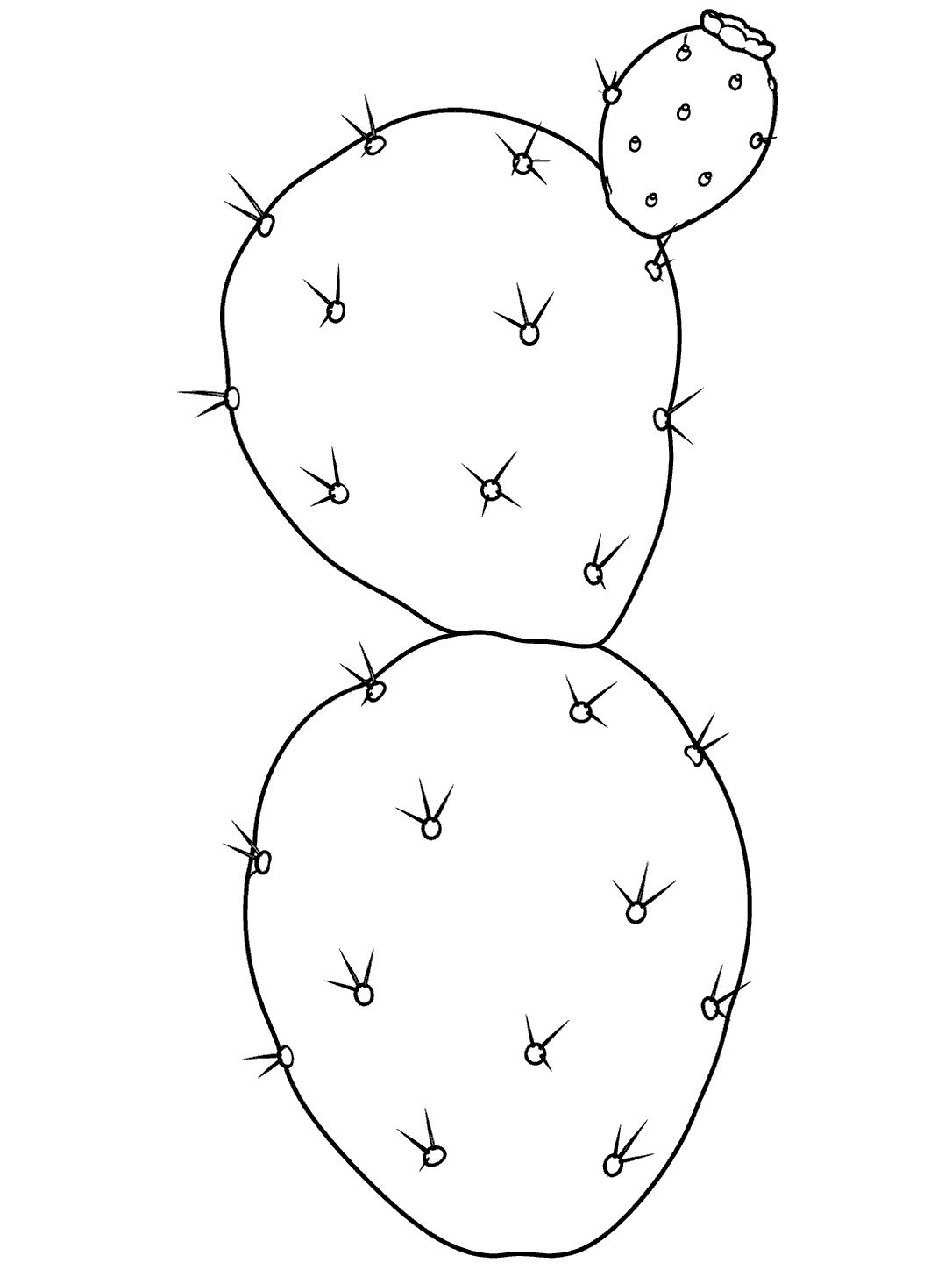 Portrait black-outline coloring page of a prickly pear cactus with two broad pads and a small fruit near the top.