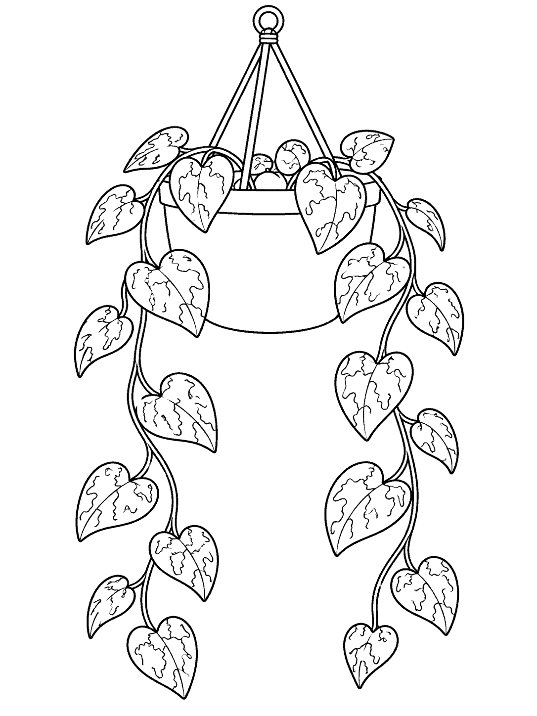 Printable black-outline drawing of a string of hearts succulent in a hanging pot, with two leafy vines.