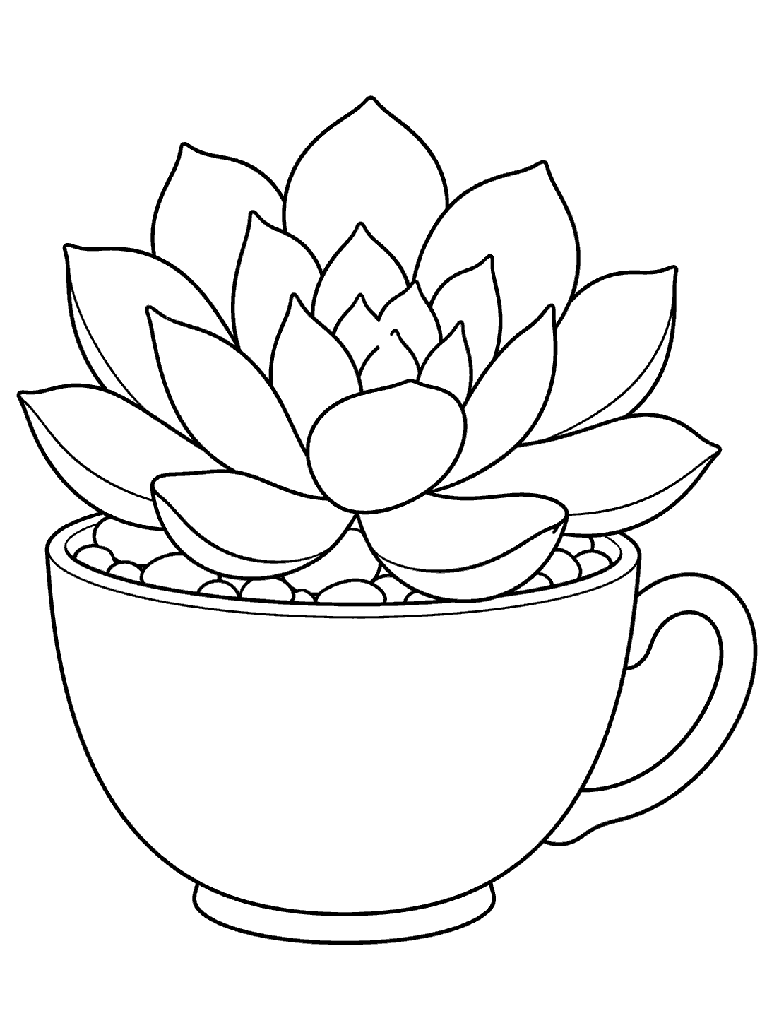 Black outline coloring page of a centered rosette succulent planted in an oversized teacup with a visible handle.