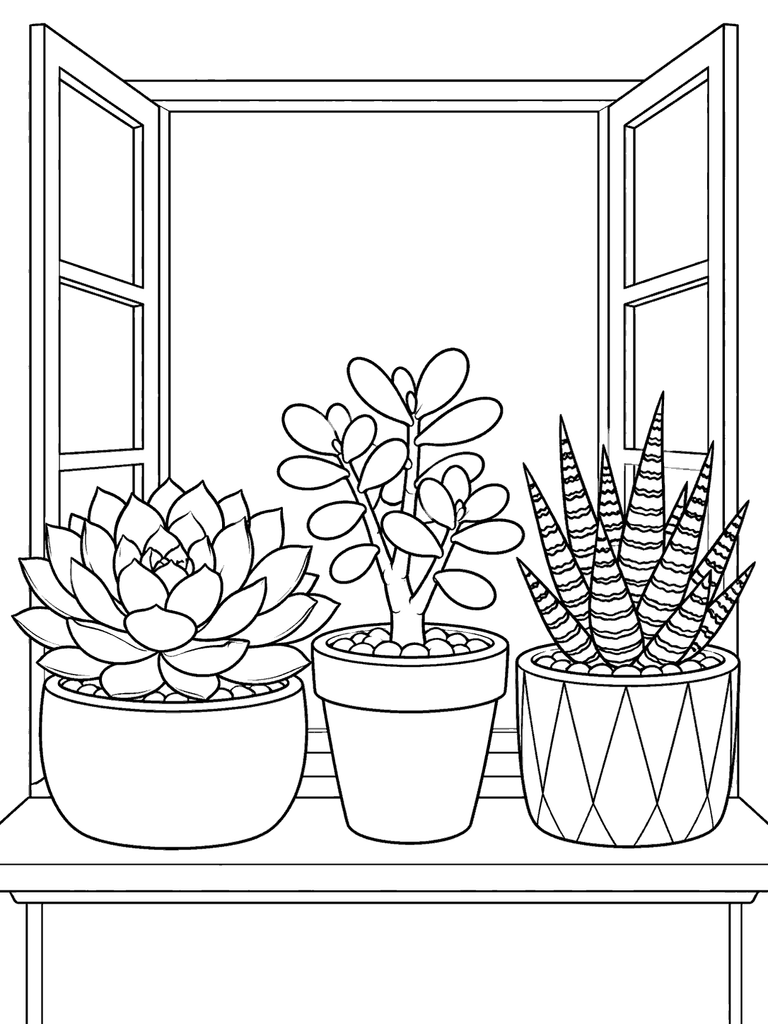 Black outline coloring page showing an echeveria rosette, jade plant, and striped haworthia in pots on a windowsill.