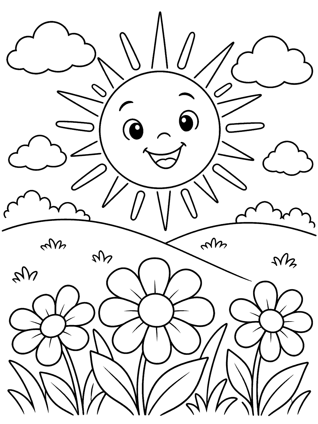Smiling sun with simple rays above rolling hills, clouds, and three large flowers