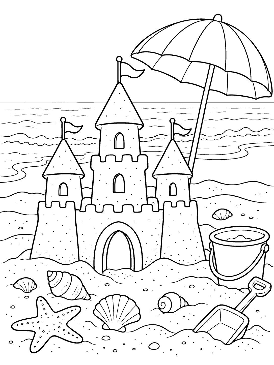 Black-and-white beach coloring page with a three-tower sandcastle, striped umbrella, bucket, shovel, and seashells.