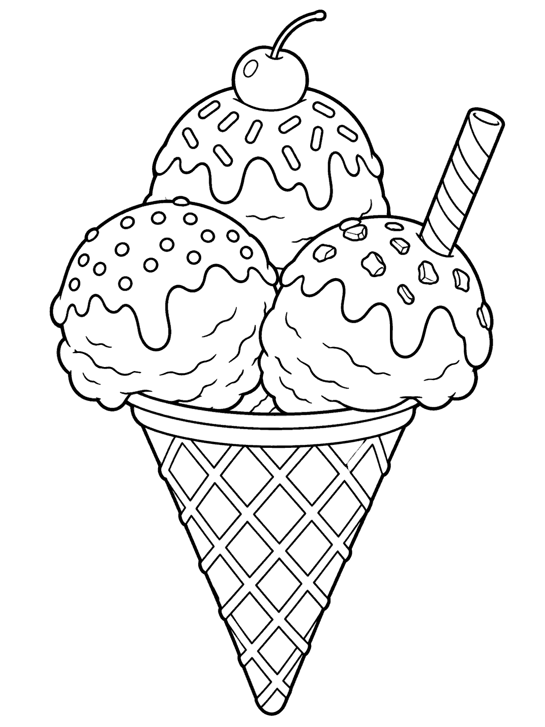 Three scoops with different toppings in a large waffle cone