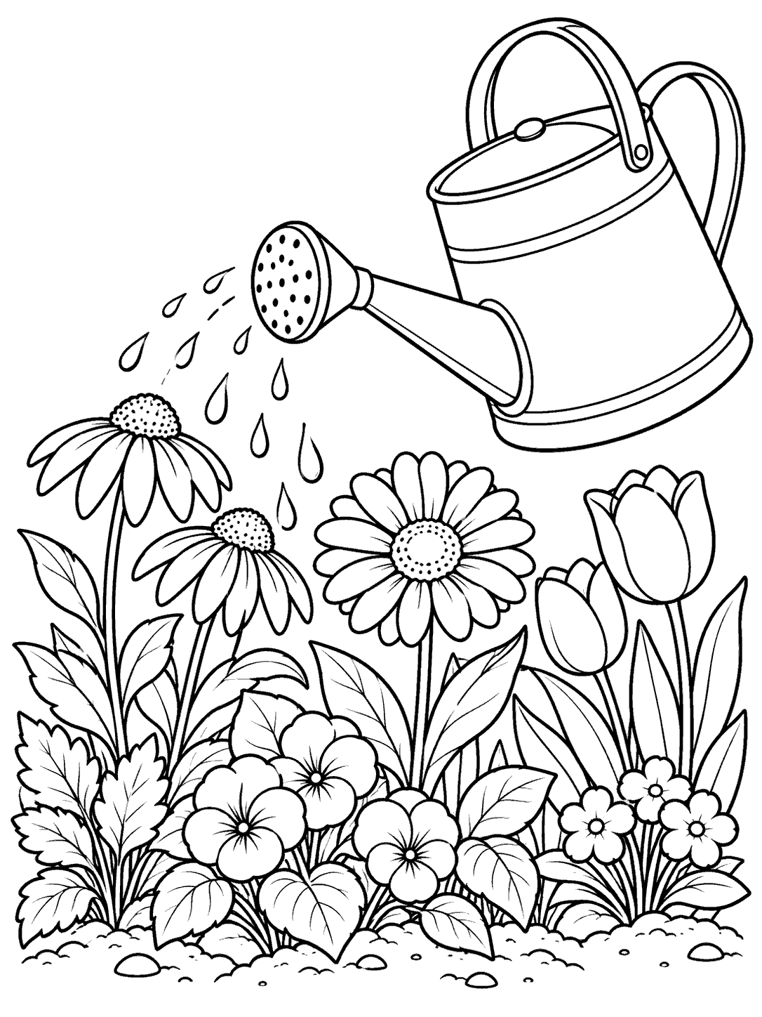 An old-fashioned watering can pours droplets over daisies, tulips, leafy plants, and garden soil.