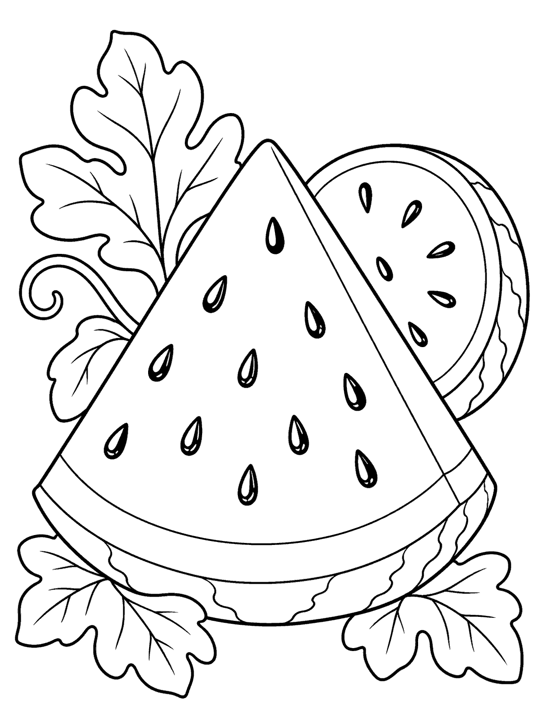 Large seeded watermelon wedge with a clear rind, a round watermelon slice, and leafy vines on white.