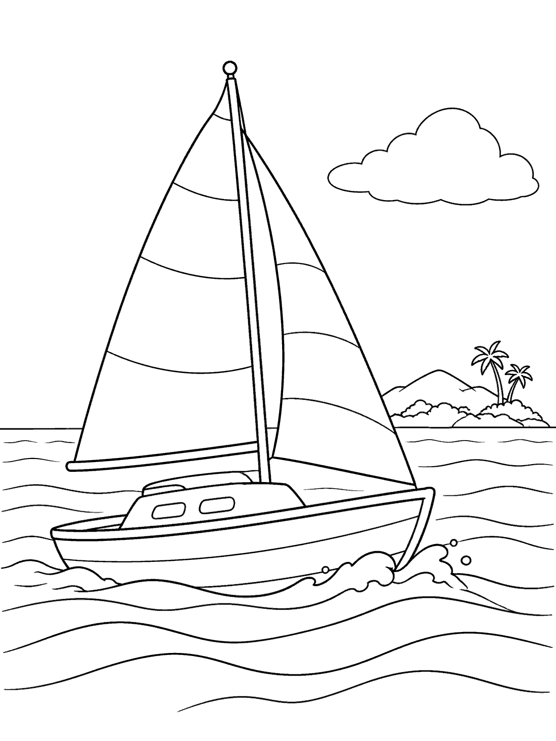 Two-sailed boat crossing waves near a palm-lined island beneath a cloud