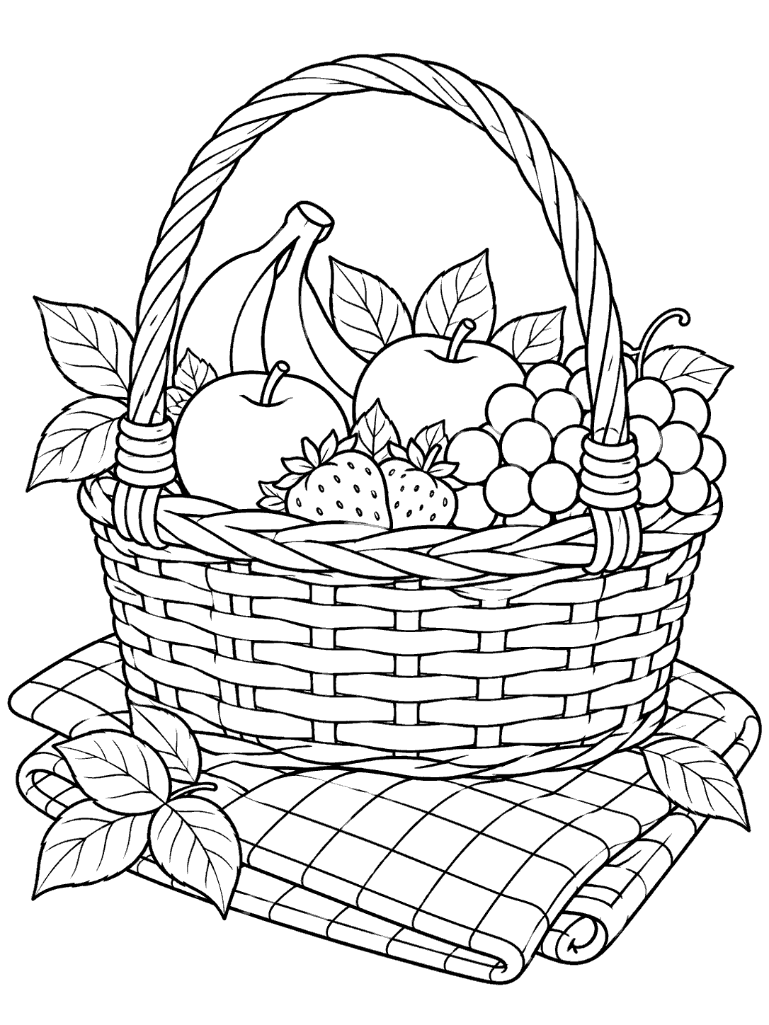 Picnic basket with a curved handle, fruit, and leaves on a folded checked blanket