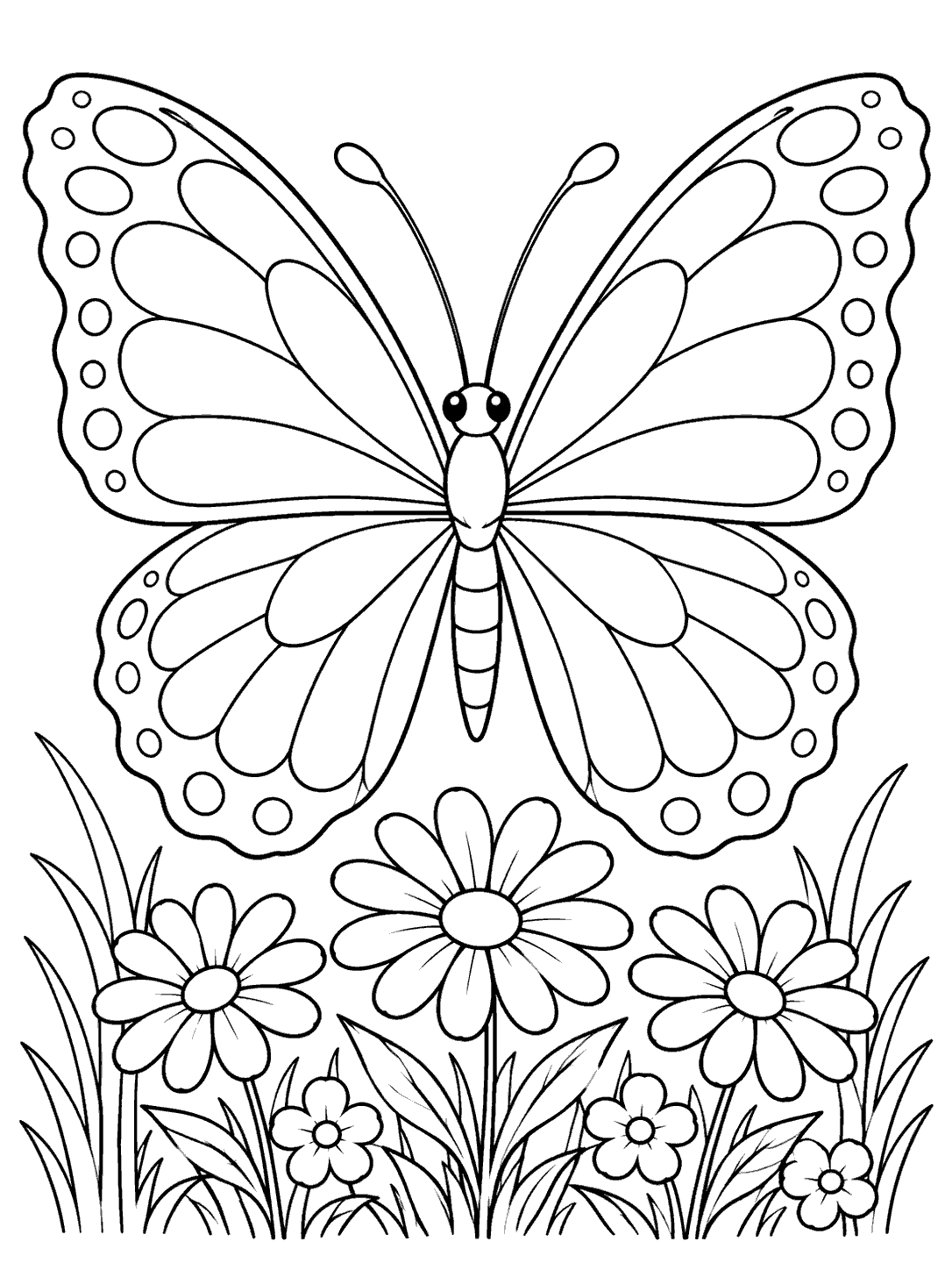 A symmetrical, spotted butterfly with broad open wing sections above a cluster of meadow flowers and grass, drawn in black outlines on white.