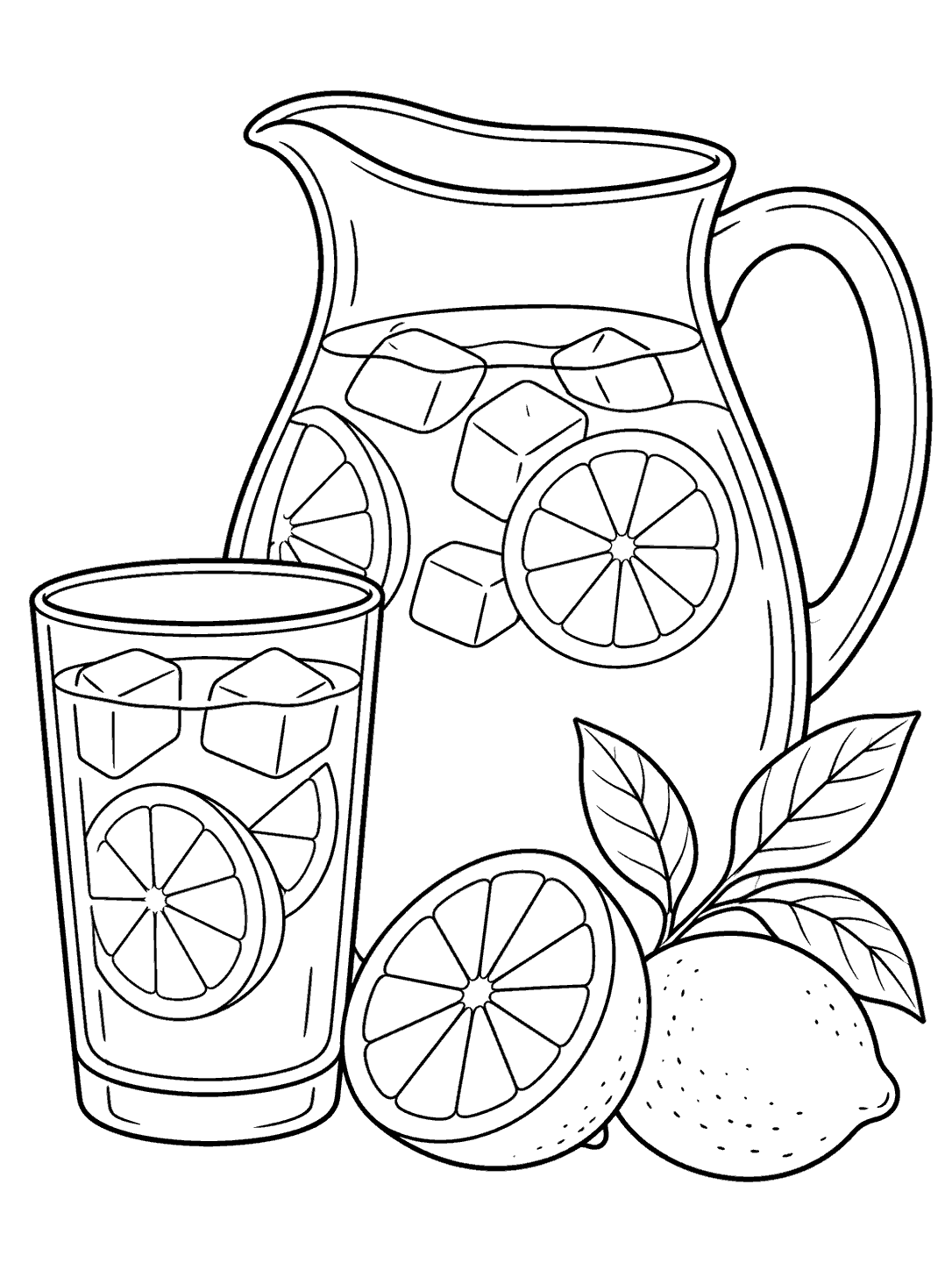 Black-and-white coloring page with a pitcher and glass of lemonade, ice cubes, lemon slices, and a leafy sprig.