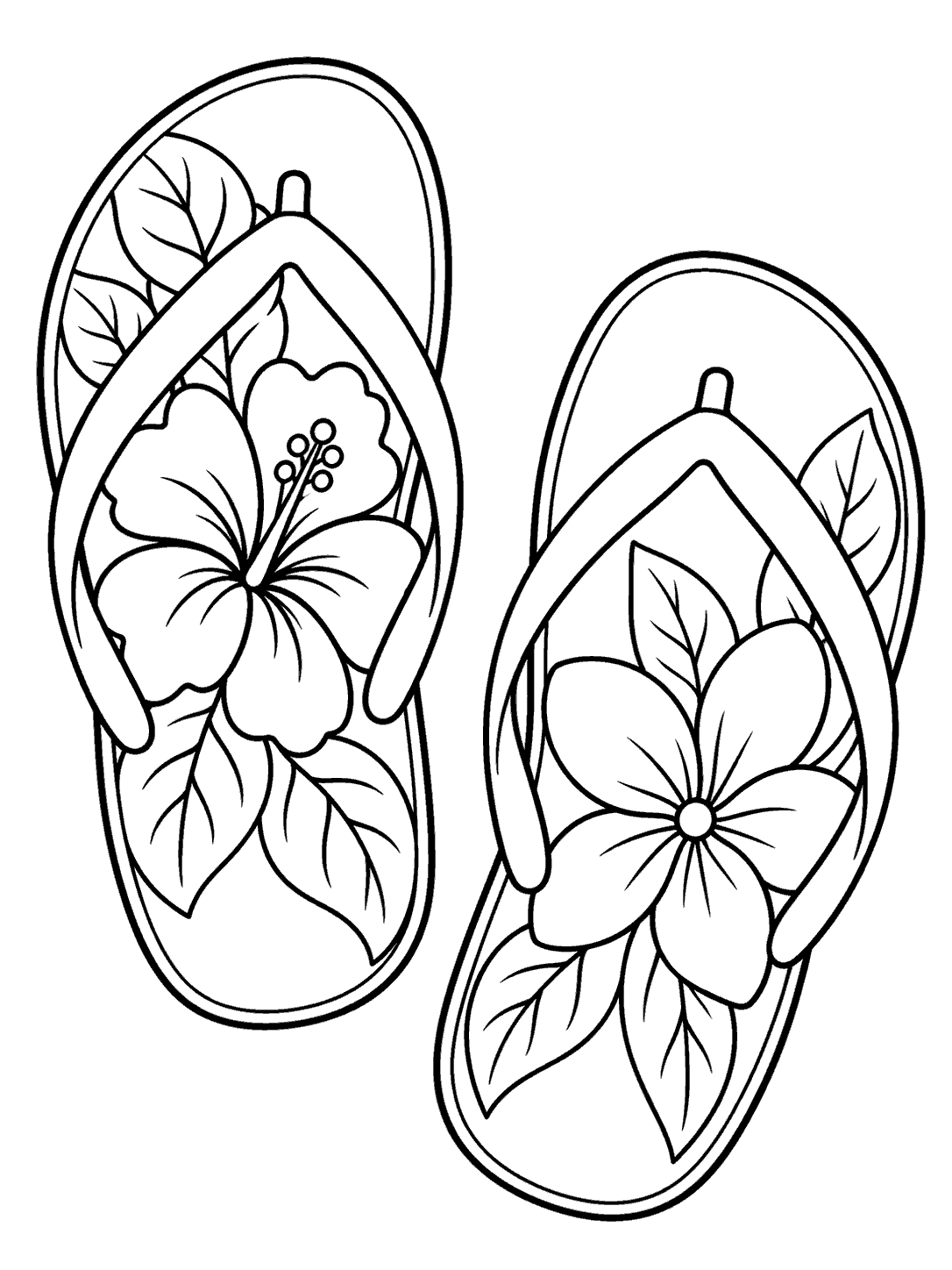 Two angled flip-flops decorated with different large flowers and leaves