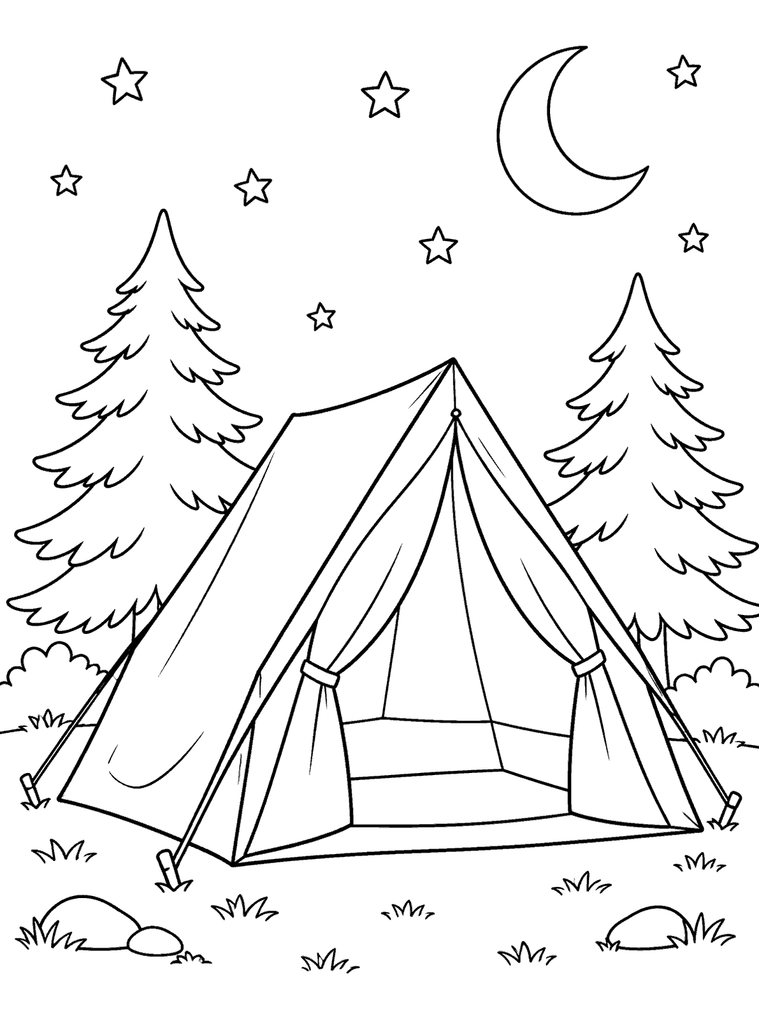 Open camping tent between pine trees beneath a crescent moon and stars