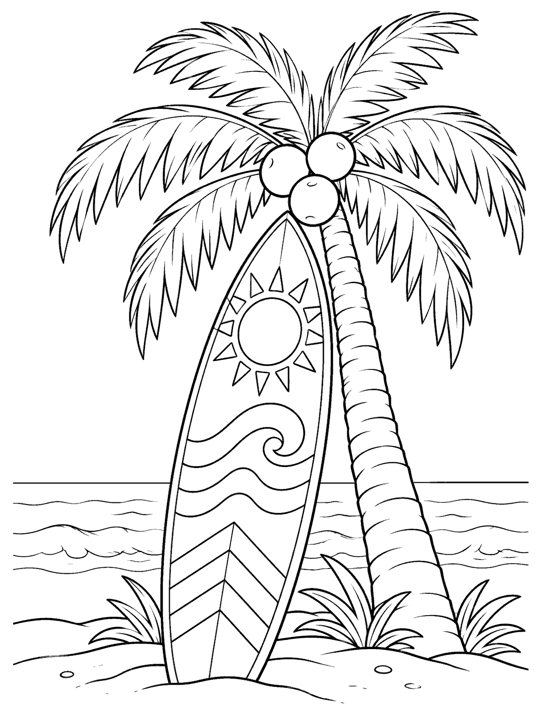Decorated surfboard with sun and wave motifs leaning beside a coconut palm on a beach.