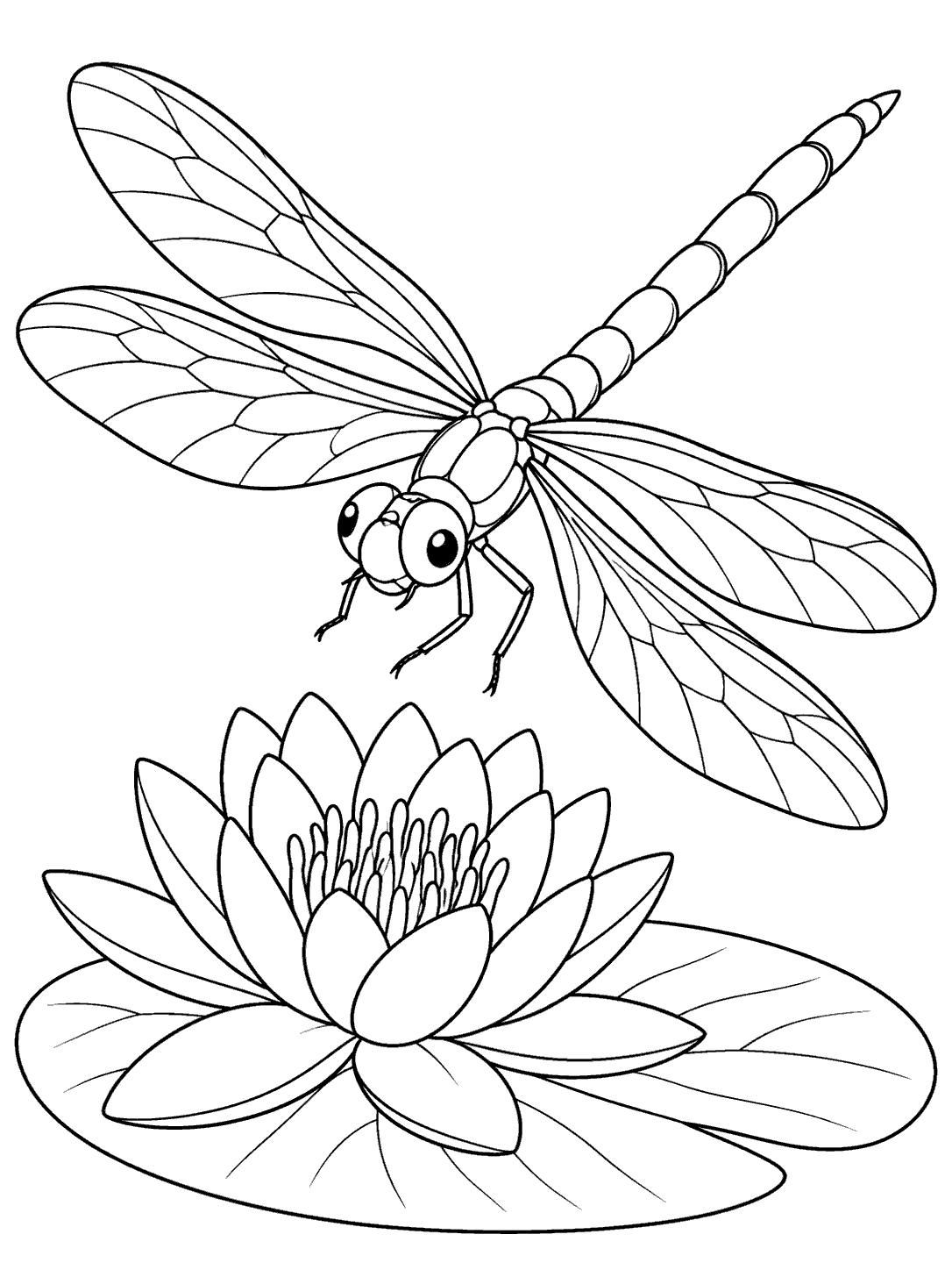 A large, wide-winged dragonfly flies above an open pond flower resting on a lily pad.