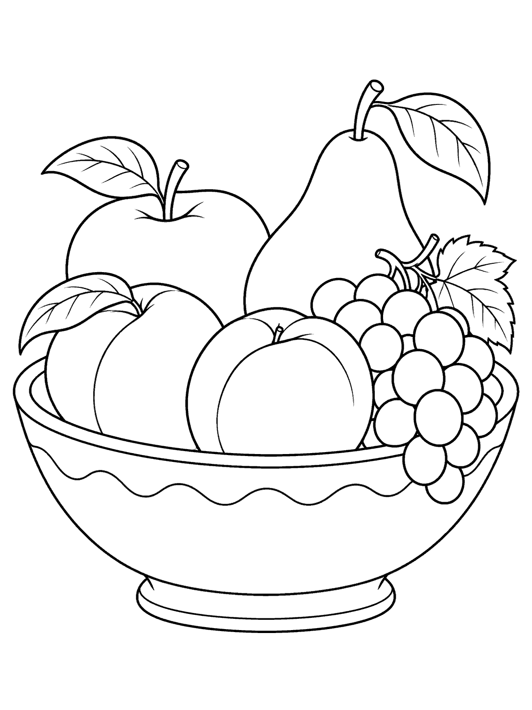 Black ink coloring page showing an apple, pear, two peaches, and grapes arranged in a wide ceramic bowl.